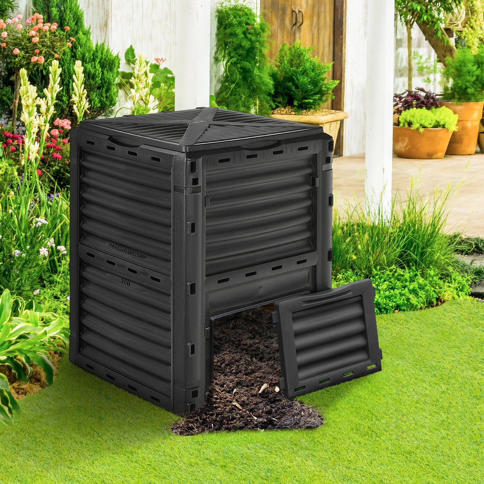3 Costway 300L Outdoor Compost Bin Recycle Composter Food Waste Kitchen Garden Composting Box - Black, 3 of 4