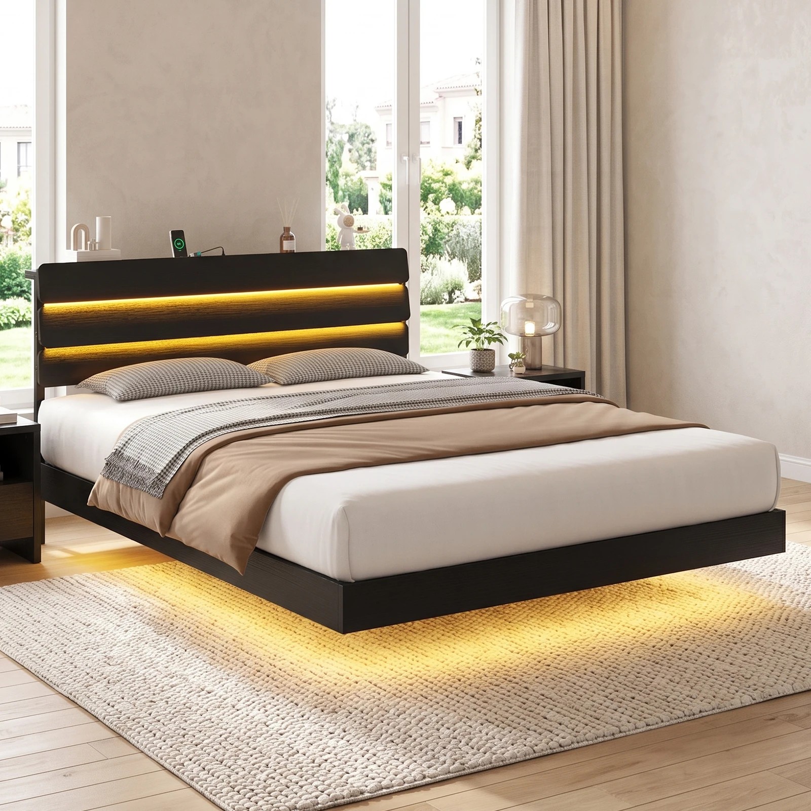 6 Advwin Double Size LED Floating Bed Frame with Tiered Storage Headboard Charging Station - Black, 6 of 8