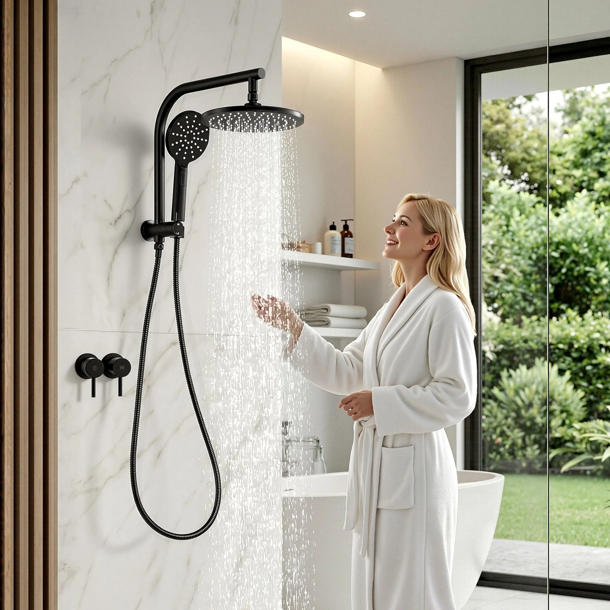 8 Cefito 9'' Rain Shower Head Set Handheld Round High Pressure Twins Tap Chrome - Black, 8 of 9