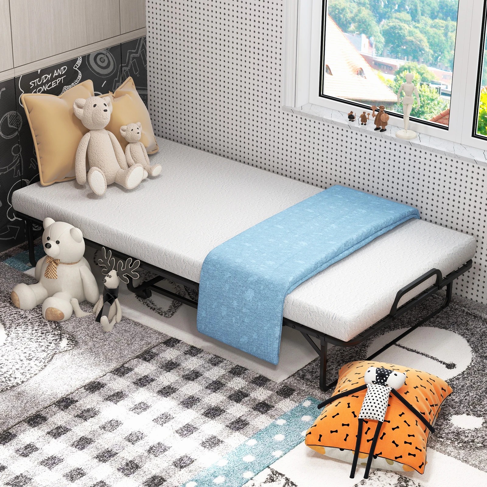 3 Costway Folding Metal Bed Frame w/Upholstered Platform Under-bed Storage Space Mattress Foundation, 3 of 4