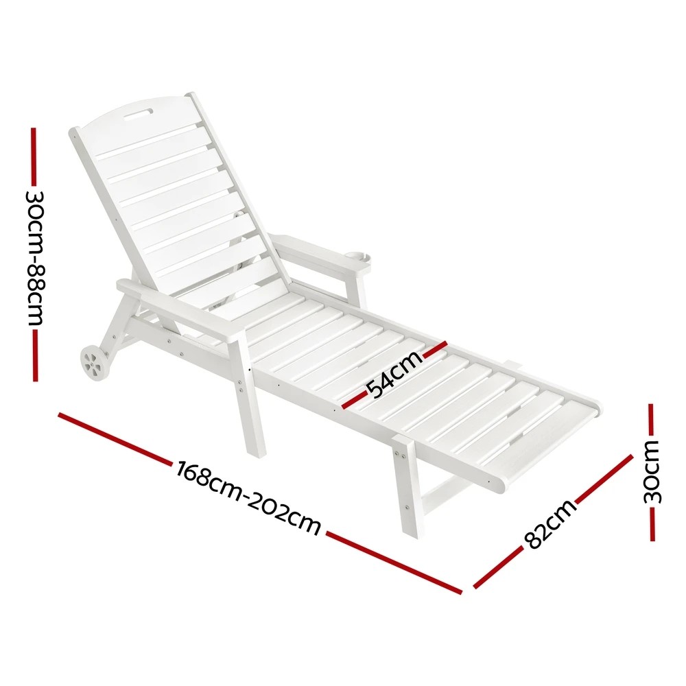 2 Gardeon Sun Lounge Lounger Beach Chair HDPE Patio Outdoor Furniture with Wheels - White, 2 of 6