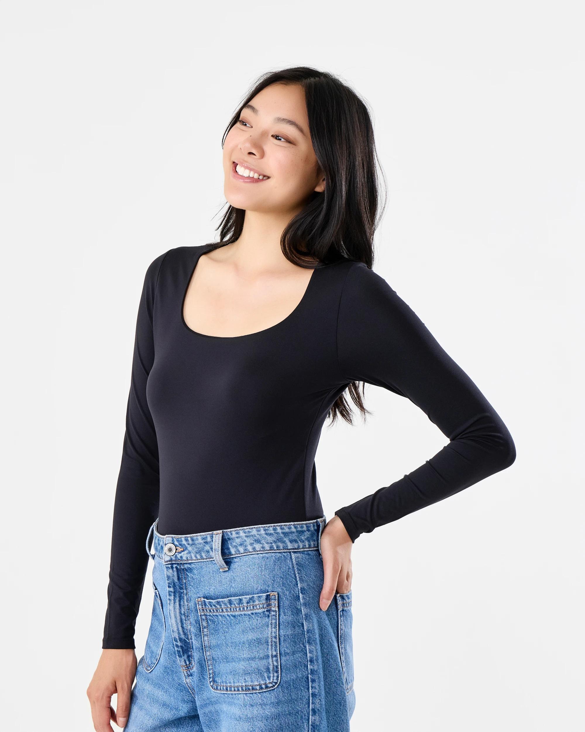 2 Long Sleeve Square Neck Bodysuit Black, 2 of 6