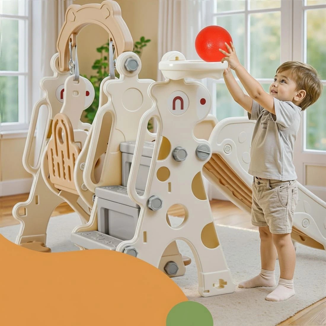 4 Keezi Kids Slide Swing Set Basketball Hoop Outdoor Playground Toys 160cm - Beige, 4 of 5