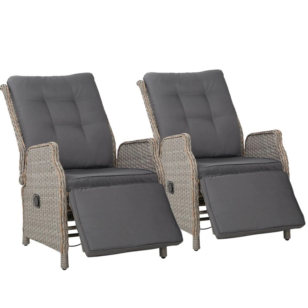 1 Gardeon 2PC Recliner Chairs Sun lounge Wicker Lounger Outdoor Furniture - Grey, 1 of 6