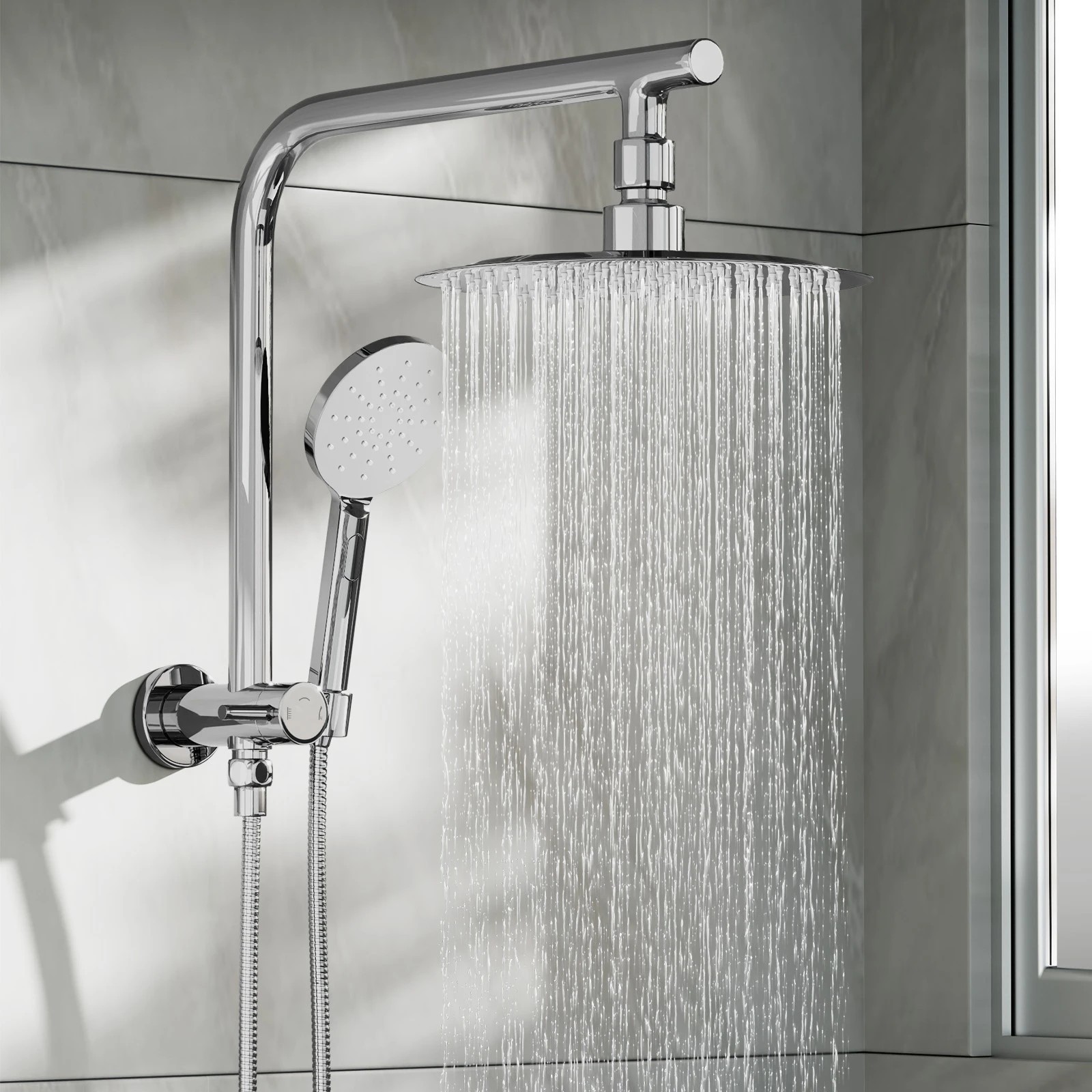 2 Welba WELS 10" Rain Shower Head Set Round 3-Mode Handheld Shower Gooseneck - Silver, 2 of 3