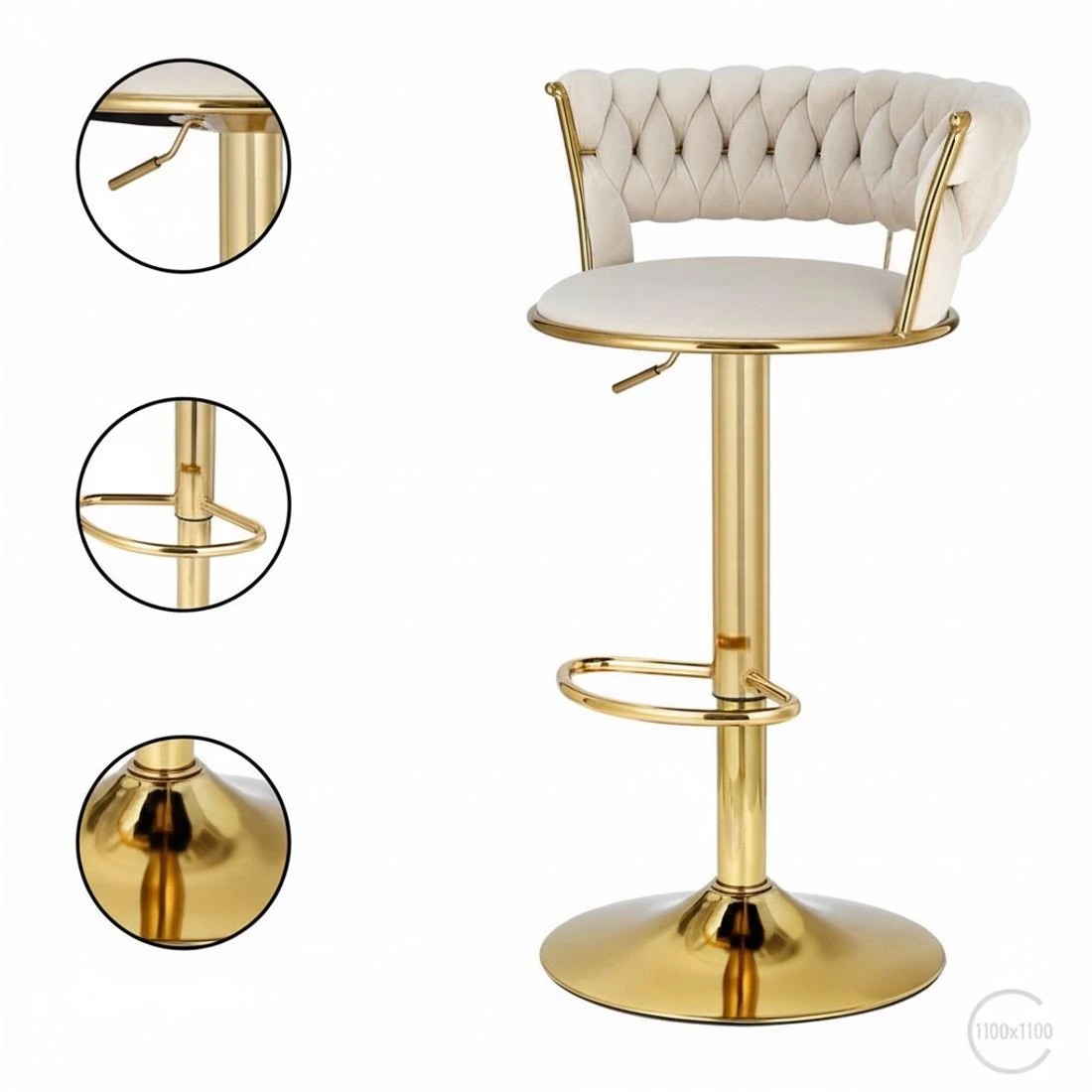 6 Artiss 4x Bar Stools Gas Lift Velvet Woven Backrest Ivory - Beige, 6 of 7