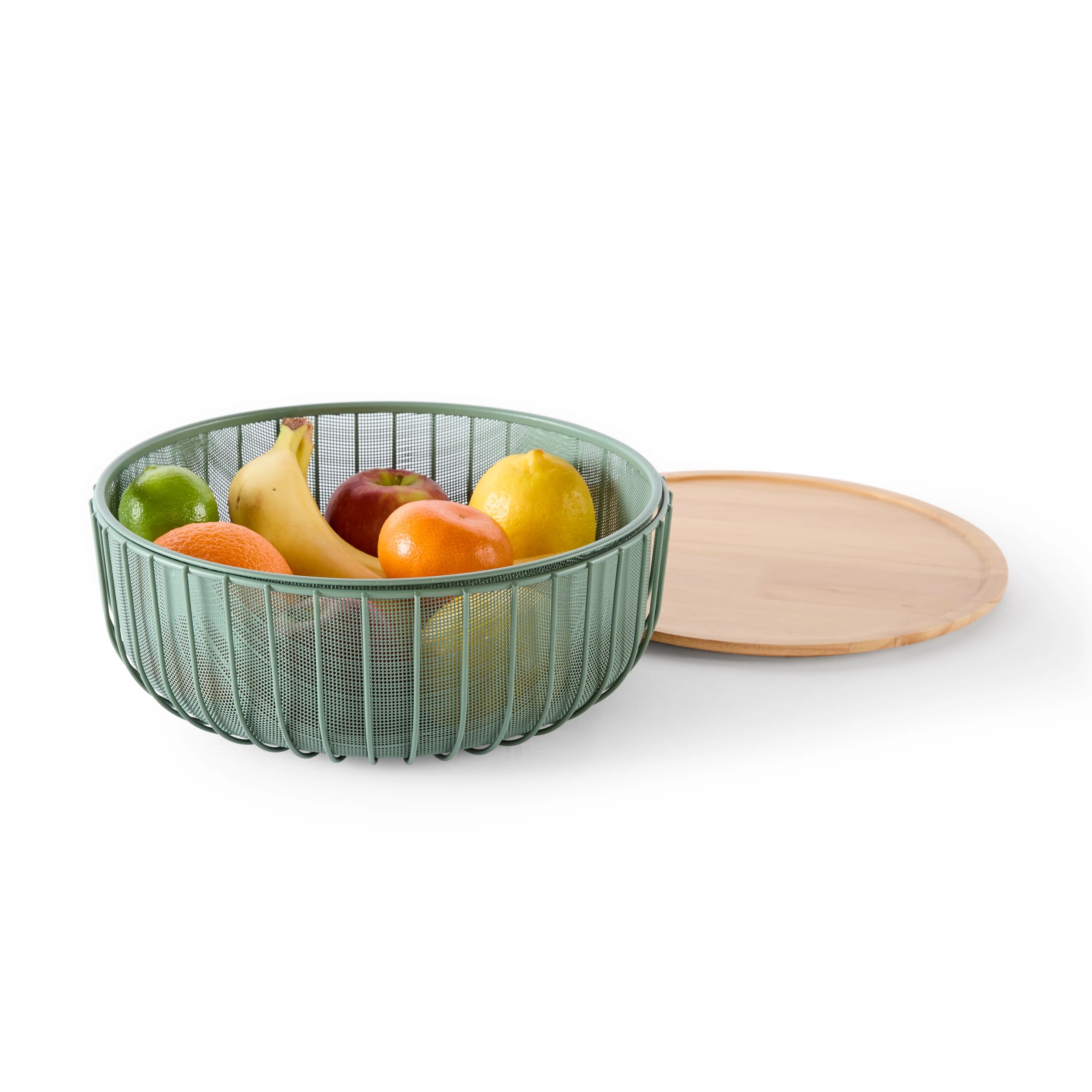 1 3 Piece Metal and Wood Fruit Bowl - Green, 1 of 8