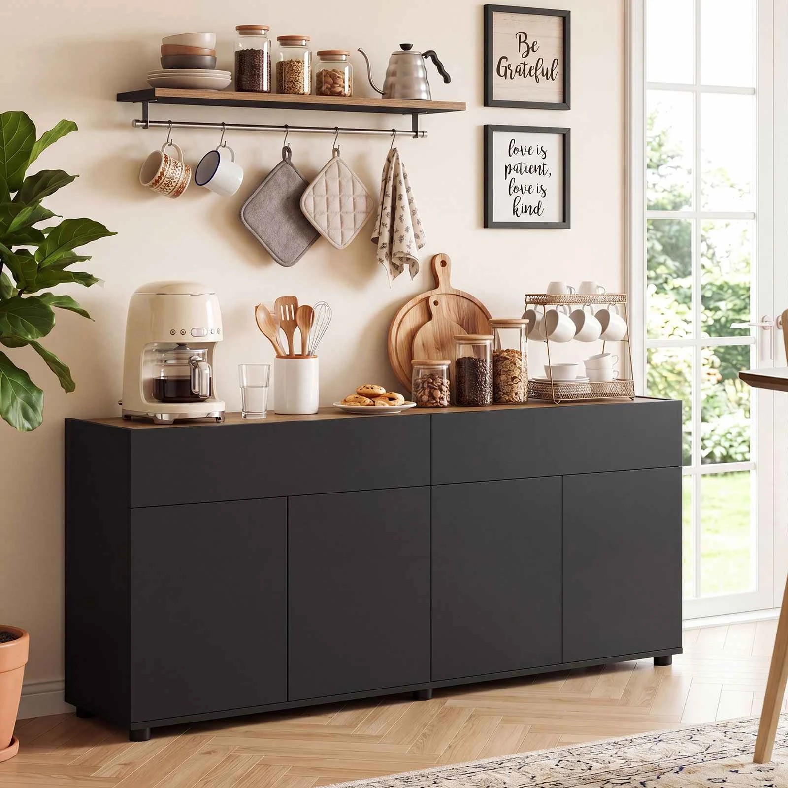 2 Costway 160cm Sideboard Buffet Cabinet Storage Wooden Coffee Bar 70"TV Stand - Black, 2 of 2