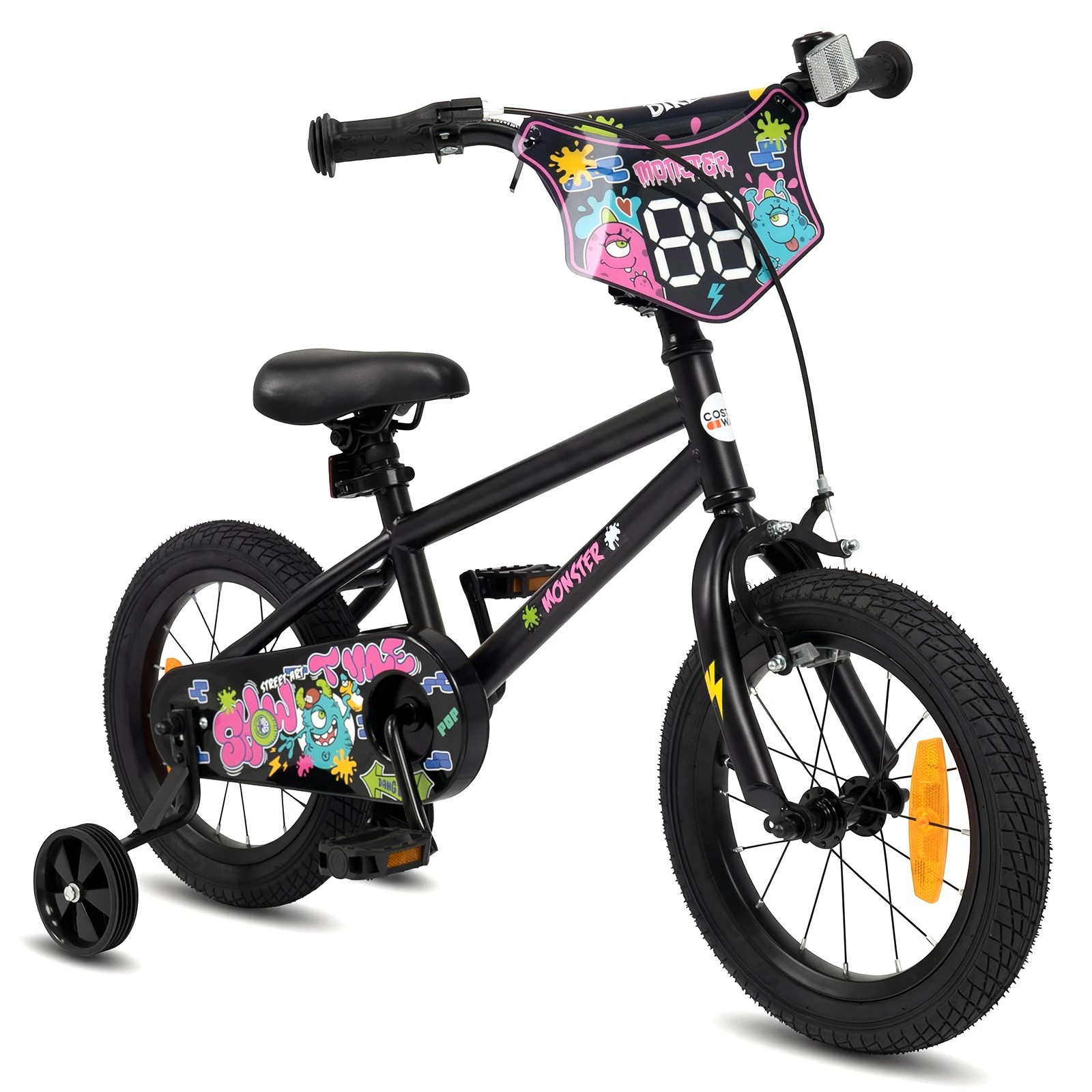 1 Costway 35cm Bike Adjustable Bicycle w/Training Wheels Handbrake Coaster Brake Reflectors - Black, 1 of 4