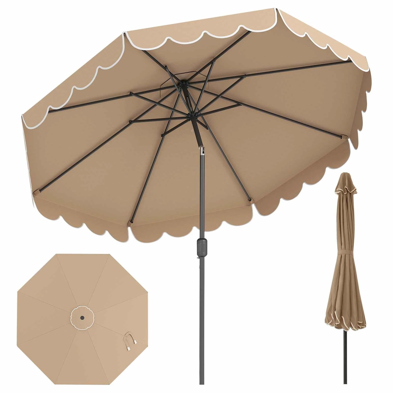 1 Costway 3m Patio Umbrella Parasol Push Tilt/Crank Ruffled Sun Canopy Sunshade Shelter - Brown, 1 of 1