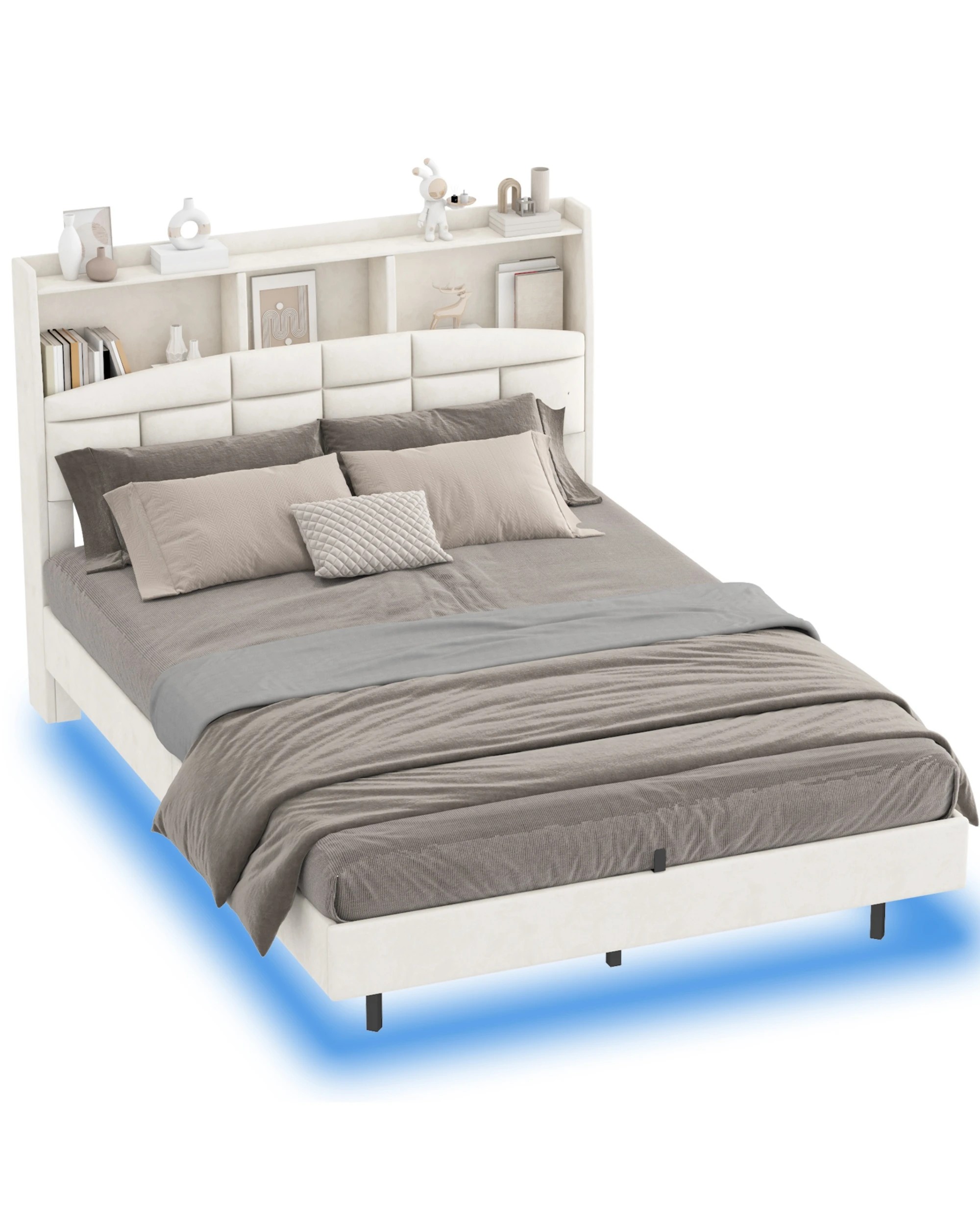 1 Advwin Queen Velvet Floating Bed Frame with LED Lights and Charging Station - Beige, 1 of 7