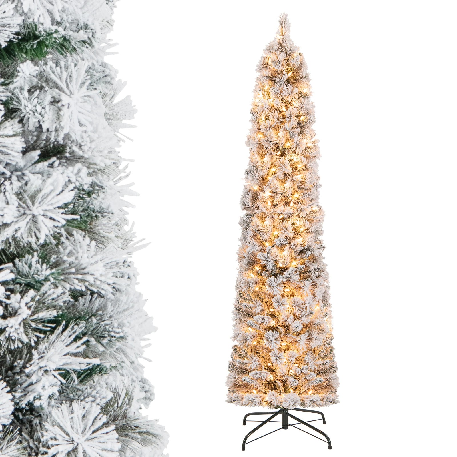 1 Costway 1.86M (6ft) Pre-Lit Pencil Christmas Tree w/373 Snow-Flocked Branch Tips, 1 of 2