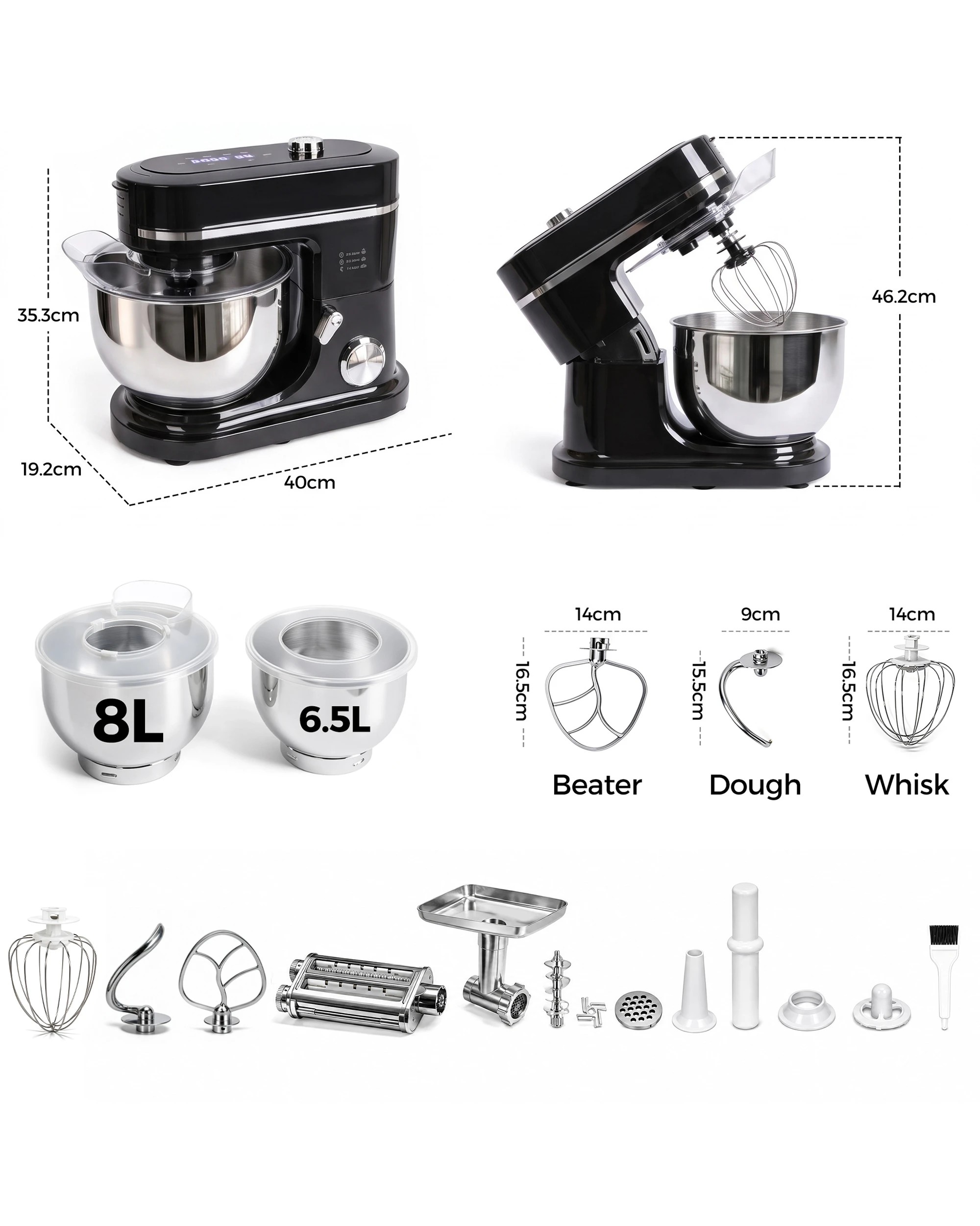 3 Advwin Stand Mixer 8L+6.5L Kitchen Mixer with Pasta Maker Meat Grinder - Black, 3 of 7