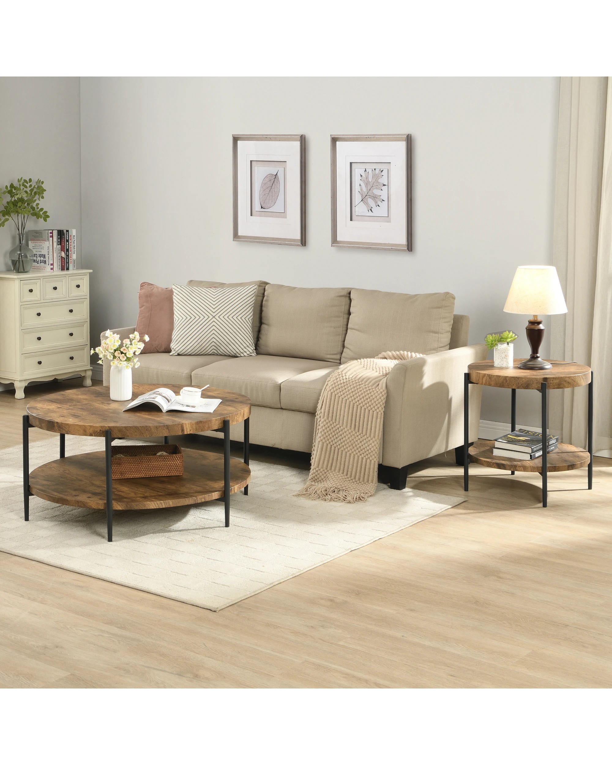 4 IHOMDEC 2-Tier Wooden Round Coffee Table - Brown, 4 of 10