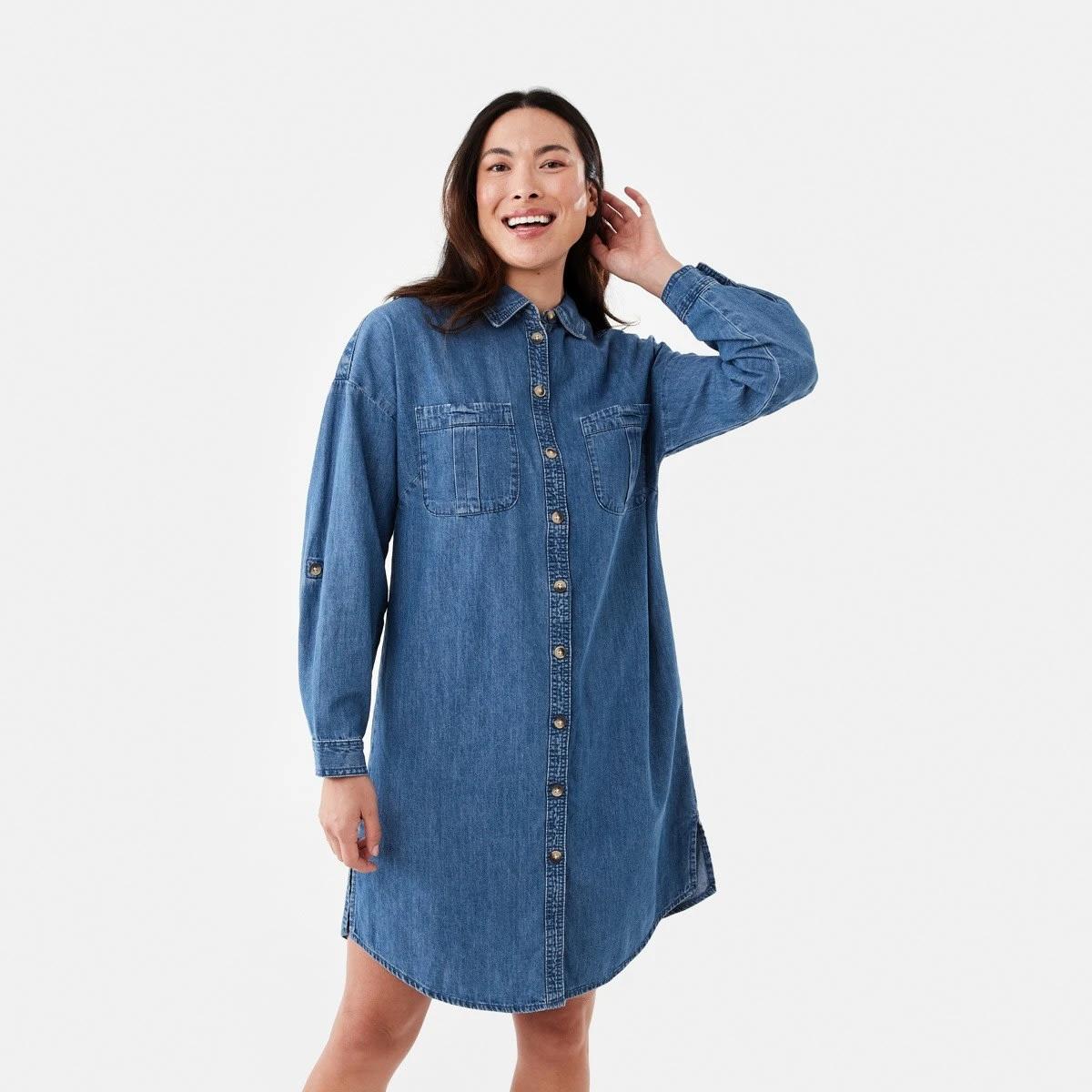 2 Long Sleeve Shift Shirt Mini Dress Mid Wash, 2 of 6