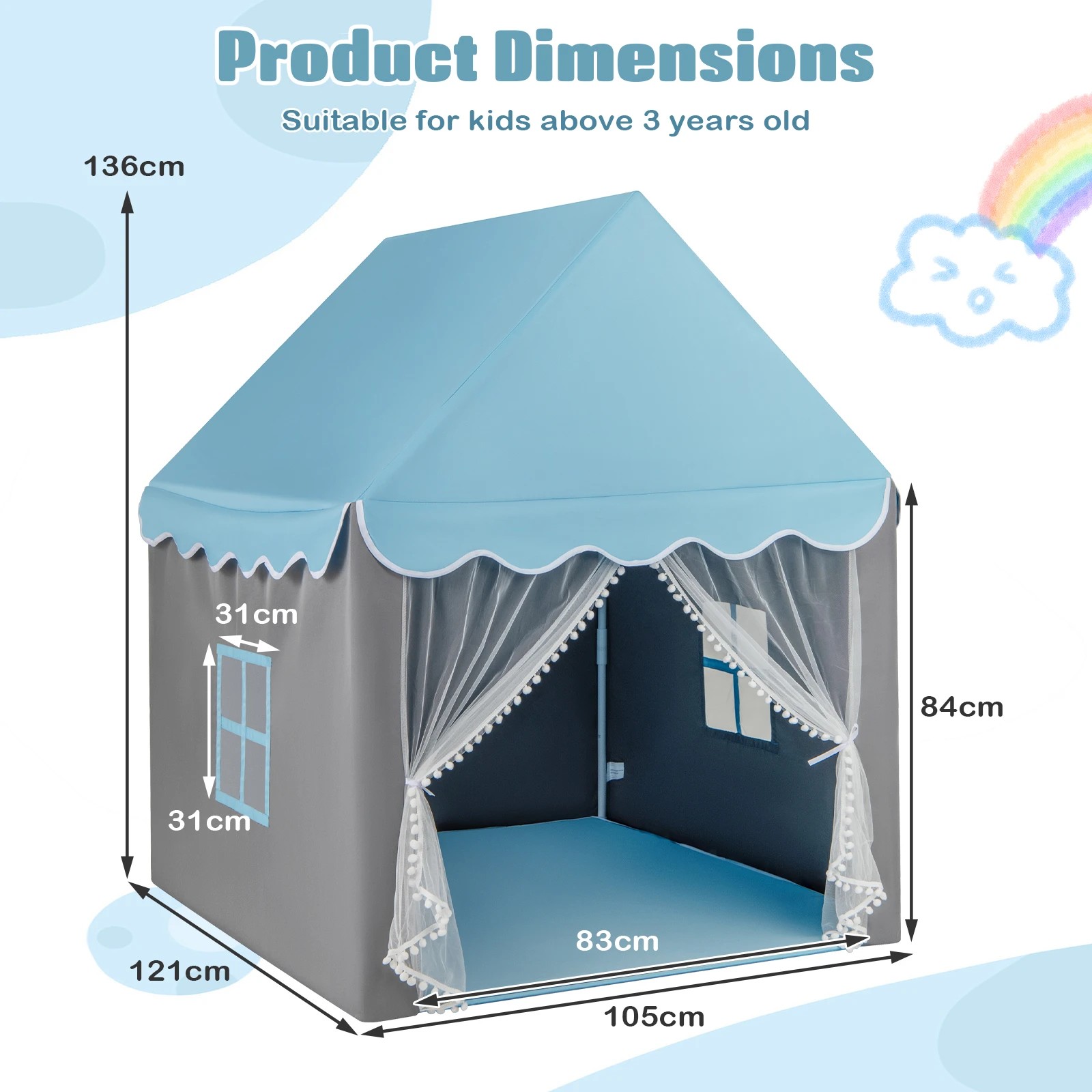 3 Costway Kids Play Tent Fairy Castle w/Star & Mat - Blue, 3 of 3