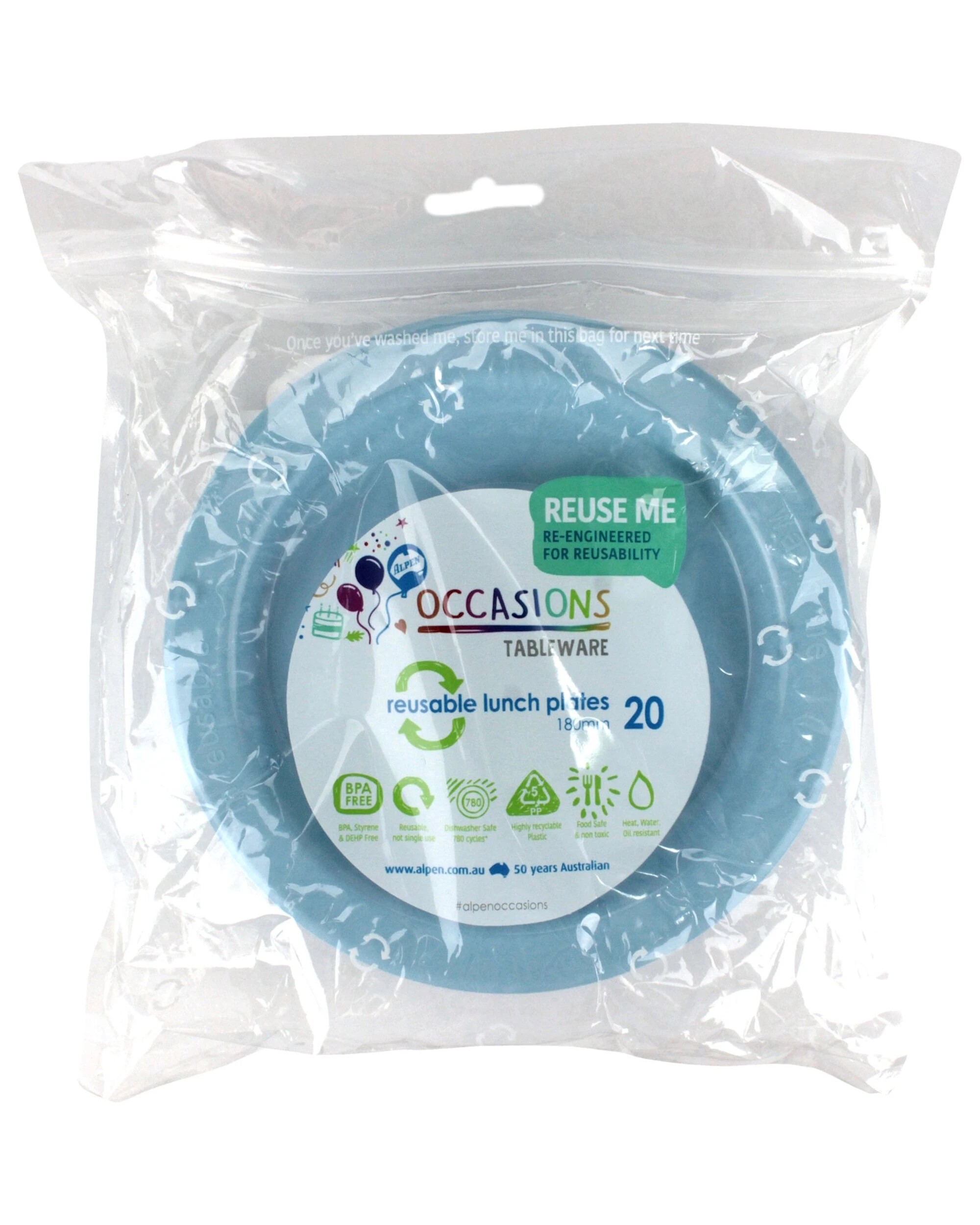 2 Alpen 18cm Reusable Plates Pack of 20 - Ice Light Blue - Light Blue, 2 of 3