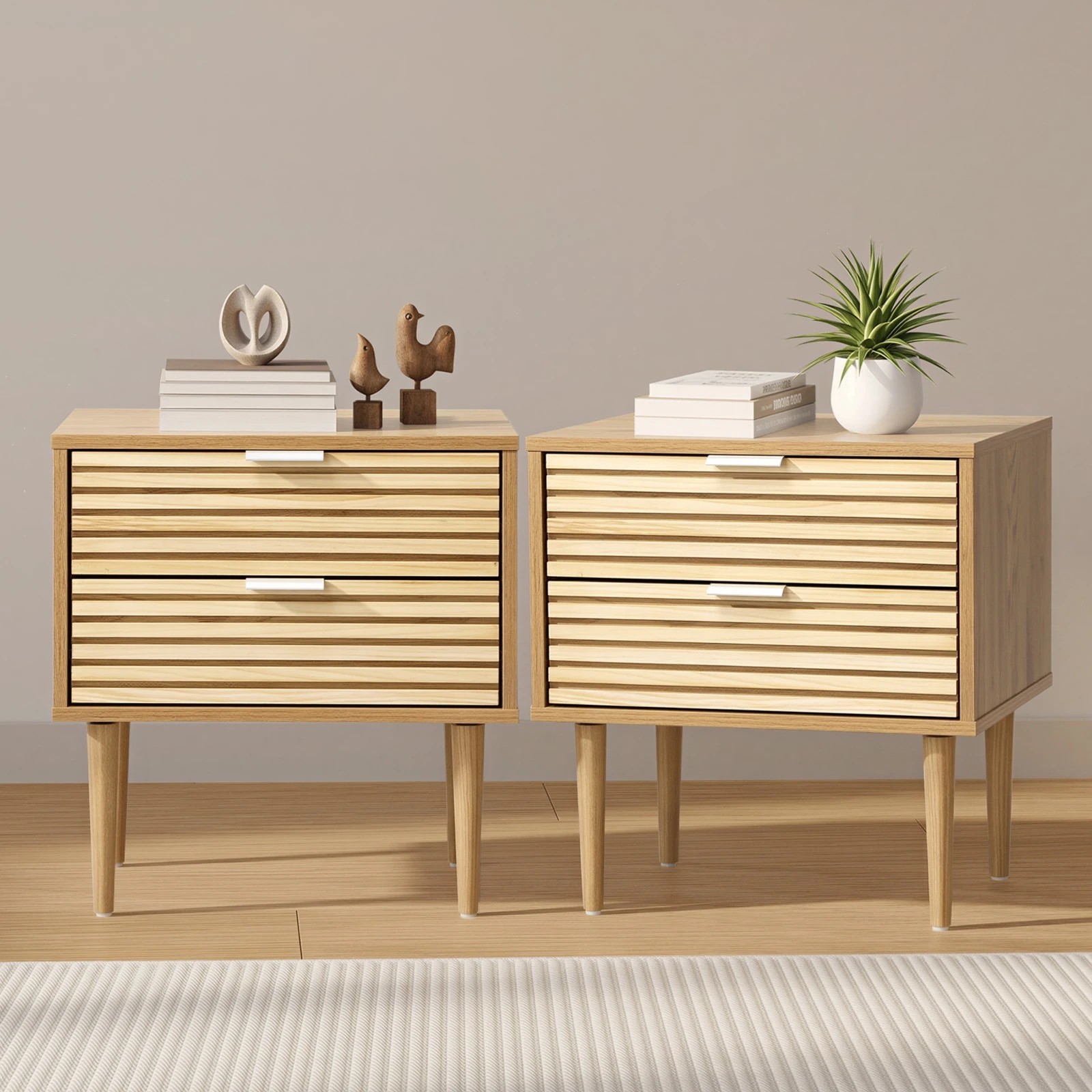 3 Oikiture 2pc Bedside Table 2 Drawers Side Table Cabinet Metal Handle - Natural, 3 of 9