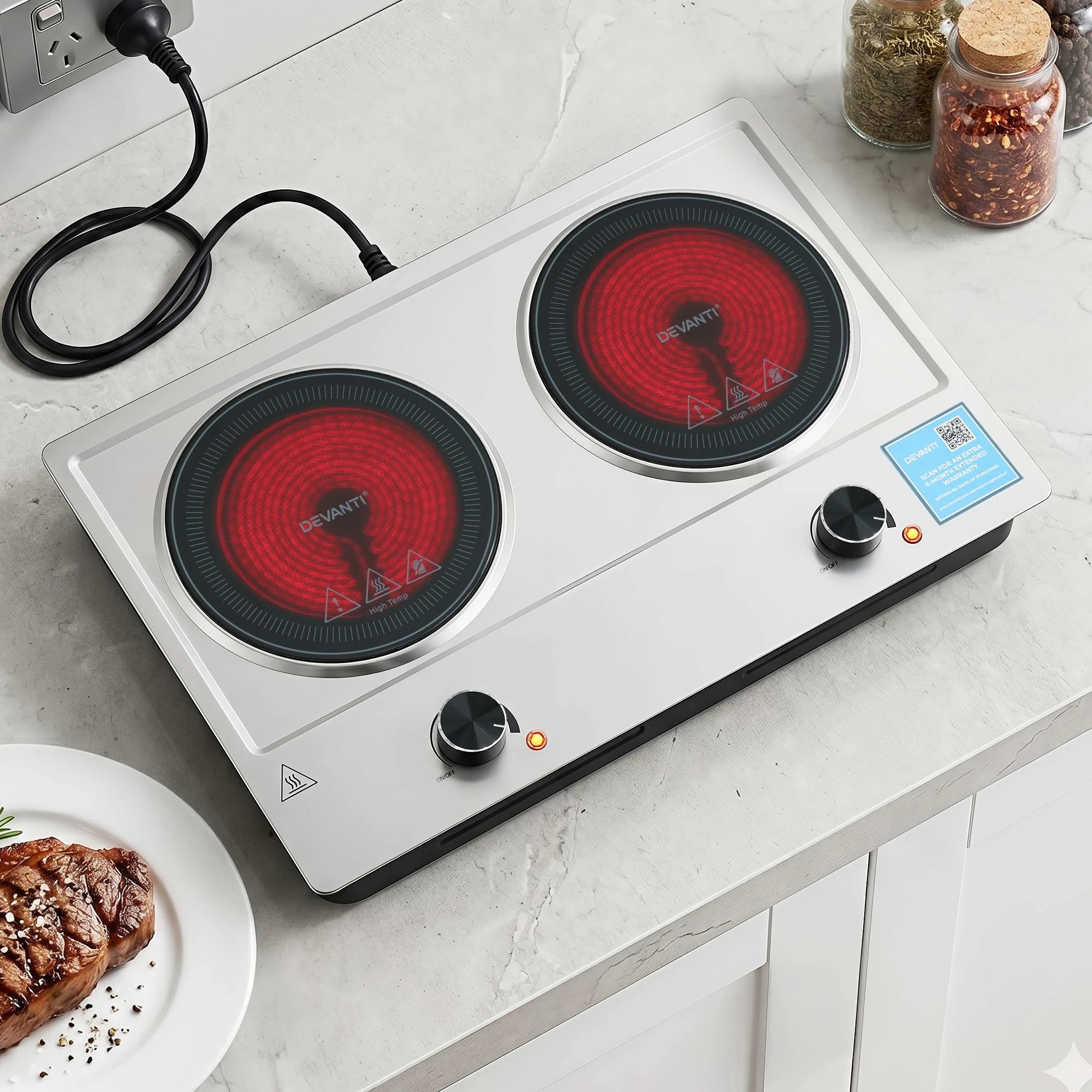 9 Devanti Electric Ceramic Cooktop 2400W Knob Control Hot Plate - Silver, 9 of 9