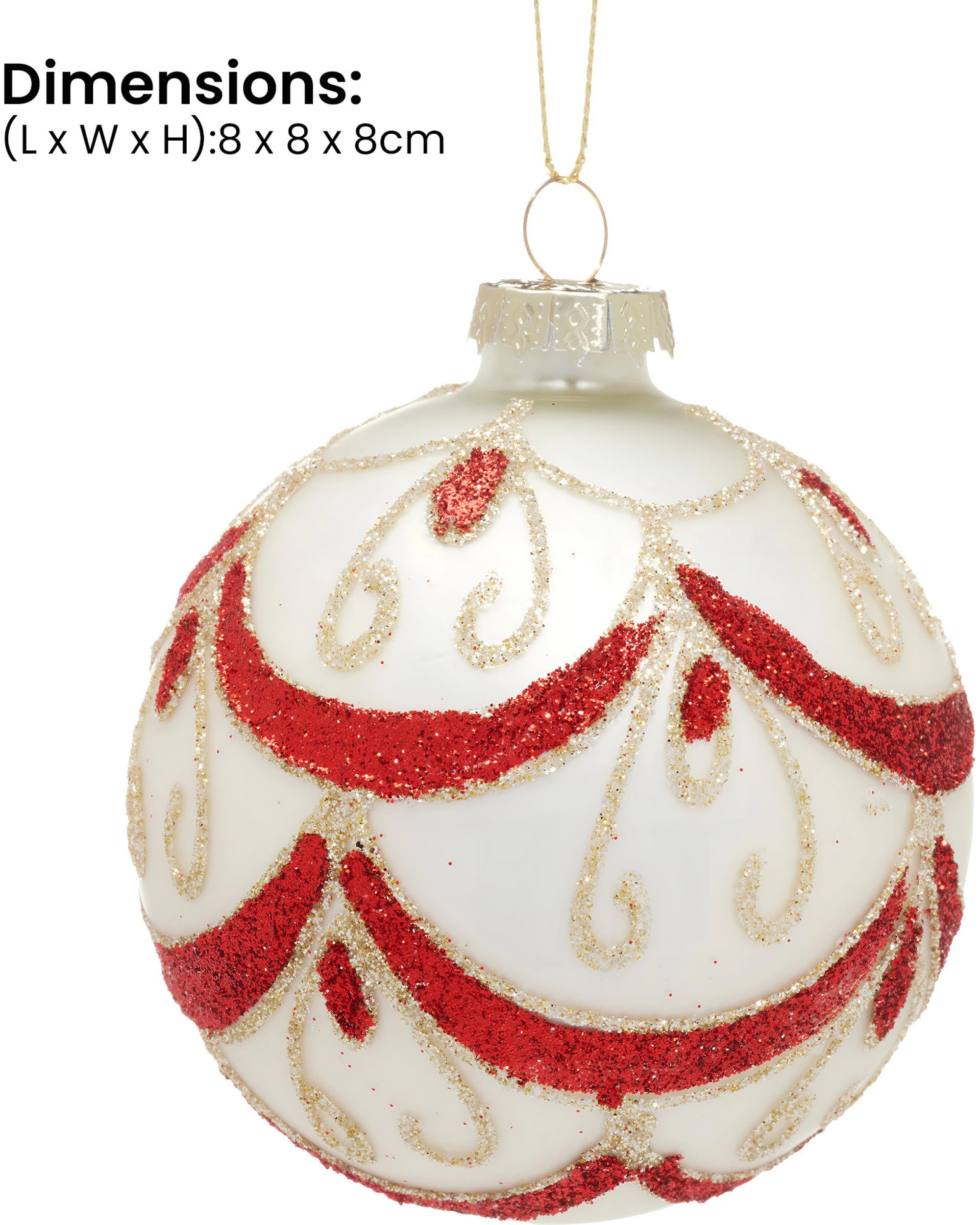 4 Christabelle White Glass Baubles 6Pcs with Red and Champagne Sparkle Swirls Balls Christmas Tree Decoration Ornament, 4 of 8