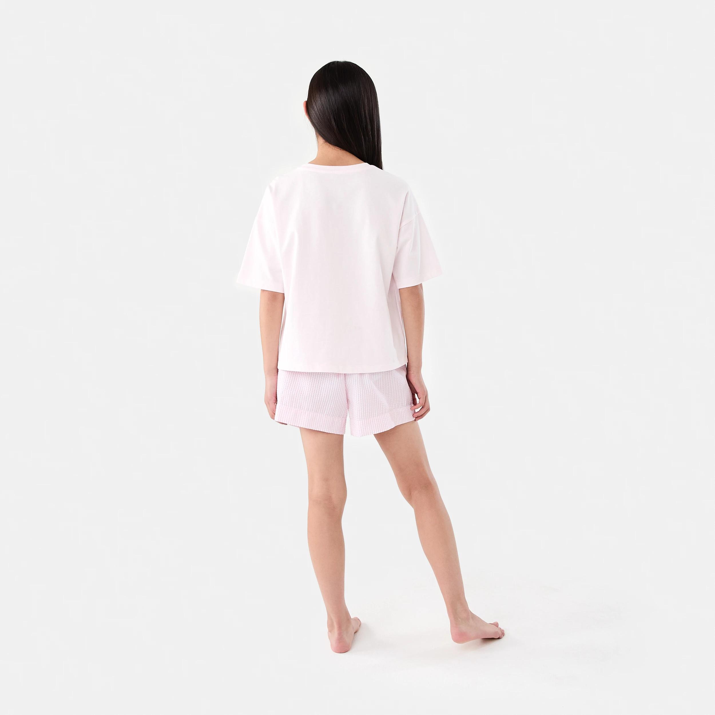 2 Short Sleeve Knit Woven Pyjama Set PINK STRIPE, 2 of 7