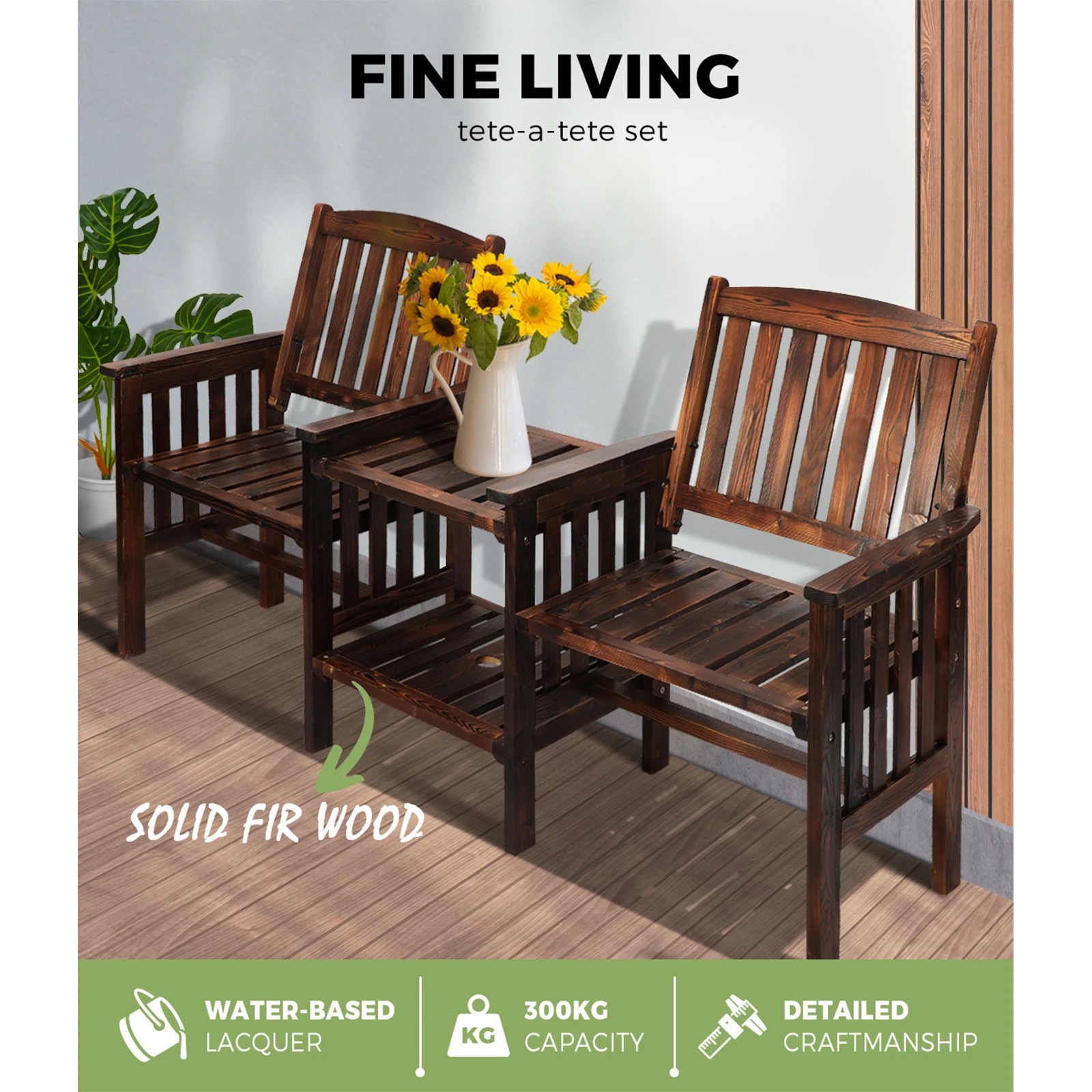 4 Livsip Garden Bench Wooden Outdoor Table & Chair Set - Charcoal, 4 of 10