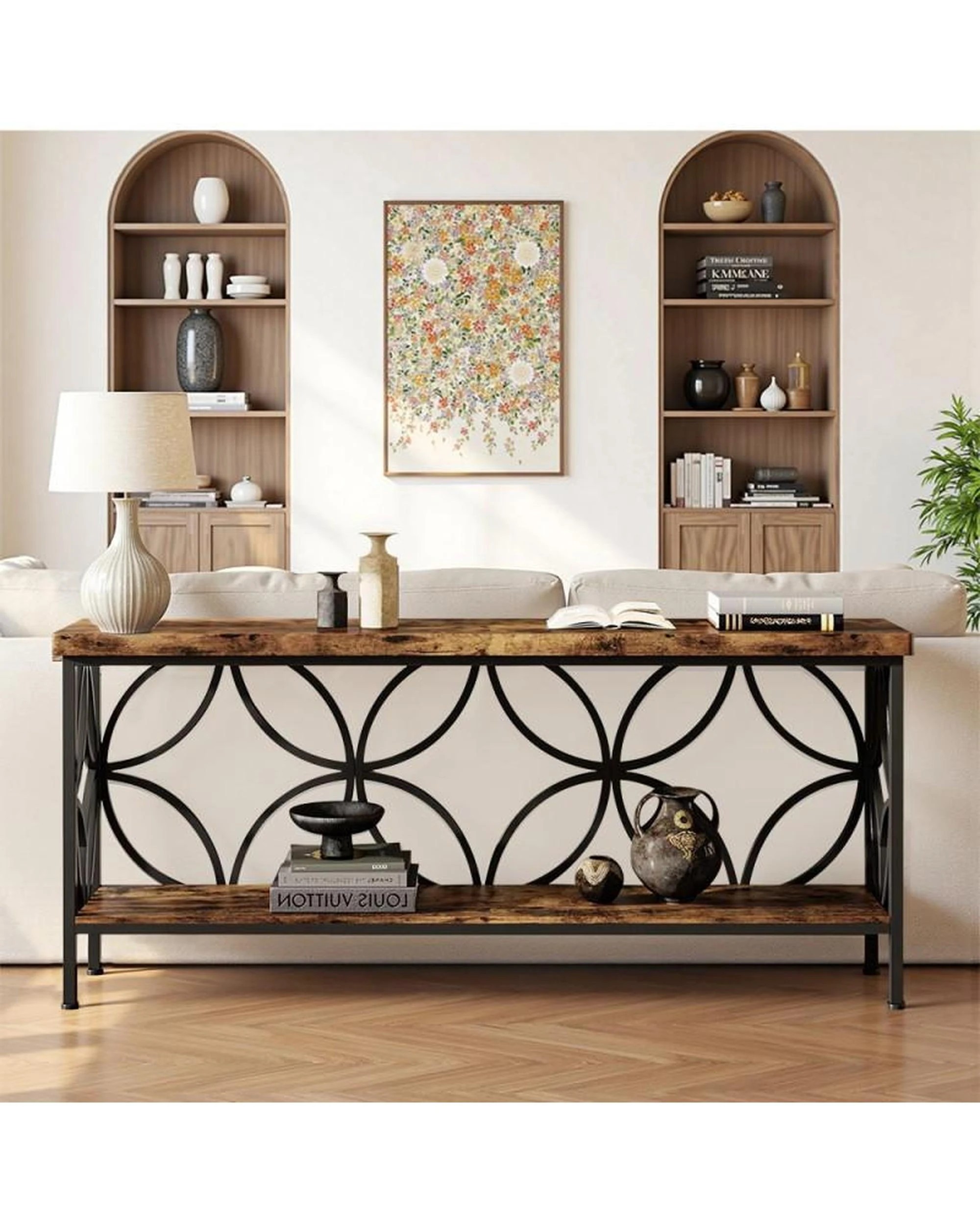 2 OAKORY 180cm Retro Console Table, Hallway Table with Rustic Brown Shelves & Black Metal Frame, 2 of 8