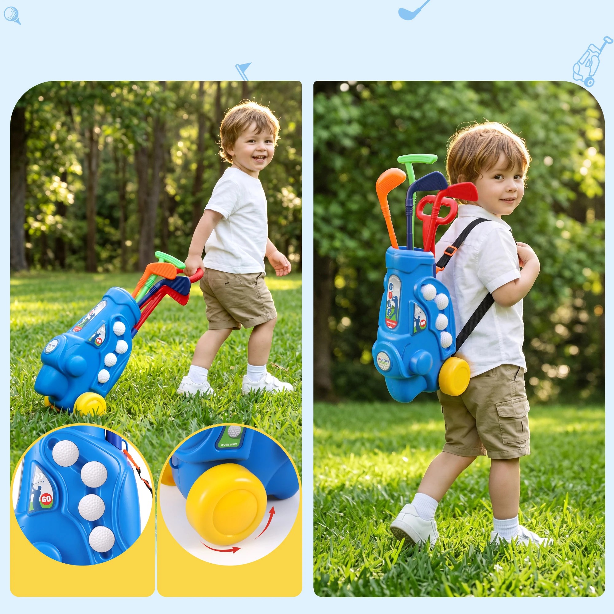 5 Keezi Kids Golf Set with Pull Cart 4 Clubs 4 Balls Indoor Outdoor Mini Golf Game Toy Ages 2-6 - Blue, 5 of 7