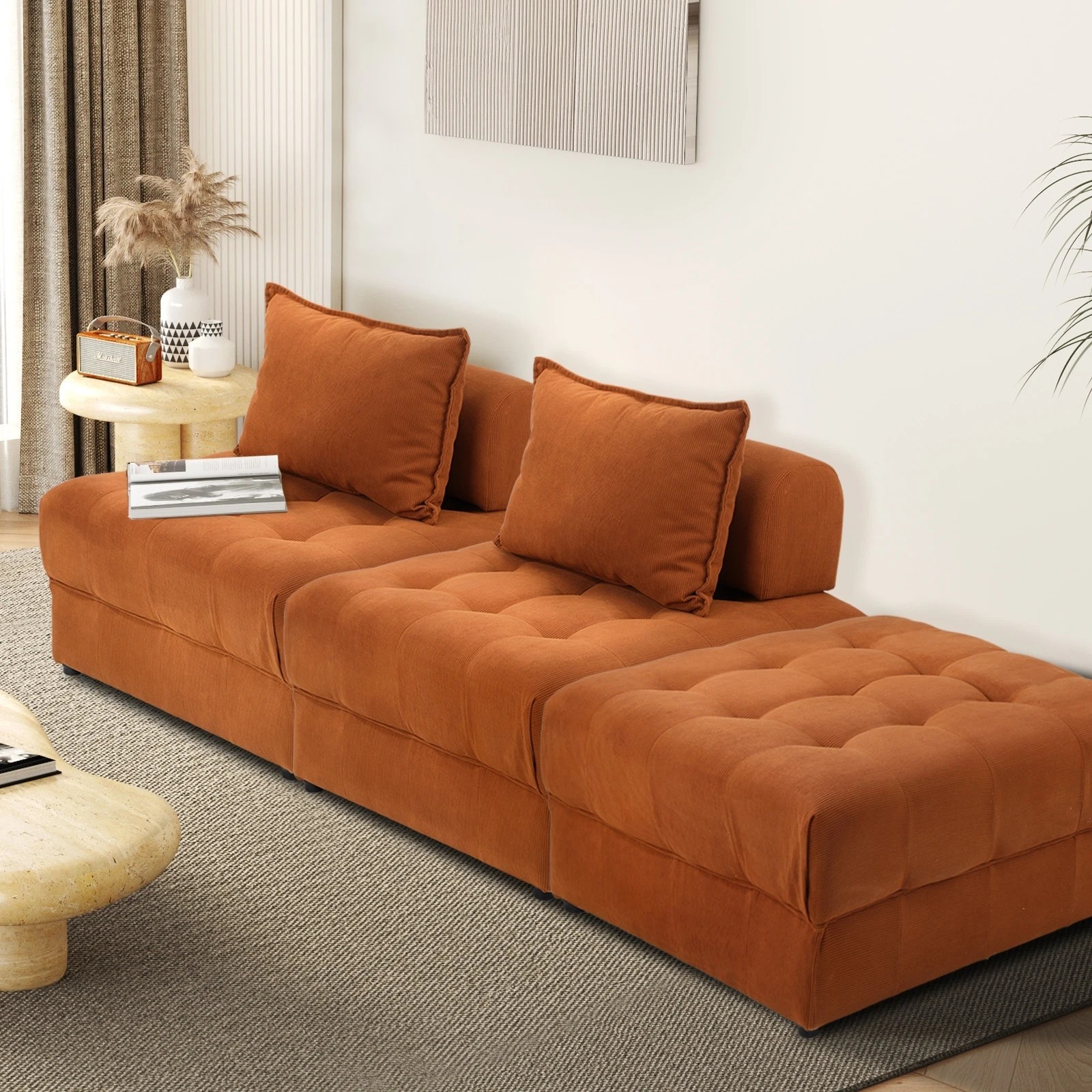 9 Oikiture 3 Seater Velvet Modular Sofa & Ottoman Set Armless Tofu Back
 - Brown - Brown, 9 of 10