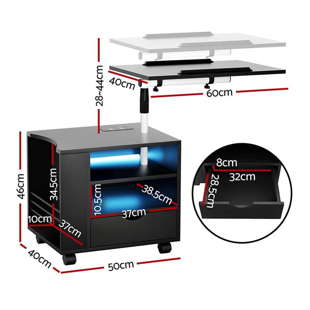 3 Artiss Bedside Table USB Charging with LED Adjustable Laptop Tray - Black, 3 of 5