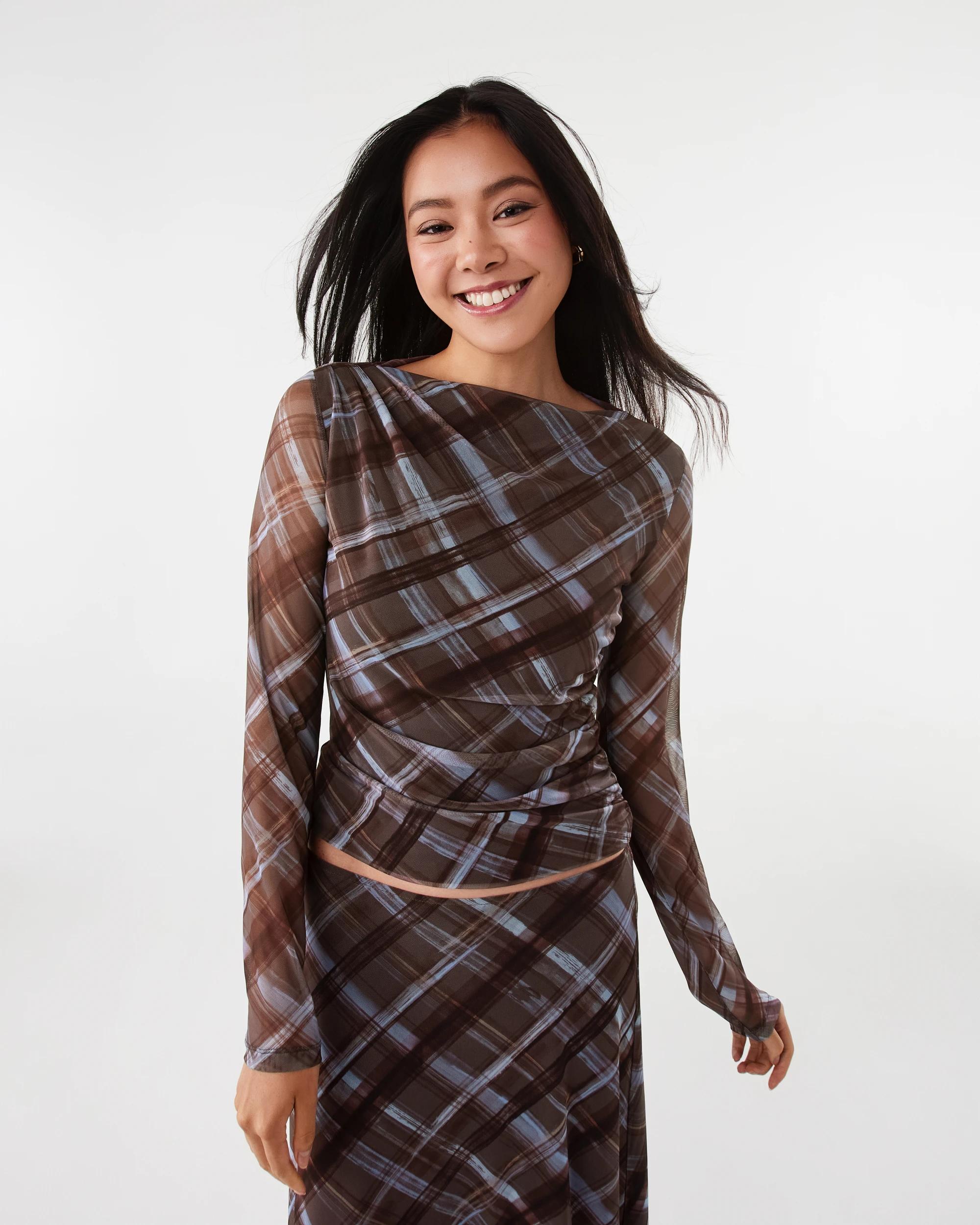 1 Long Sleeve Mesh Drape Top Choc Chk, 1 of 9