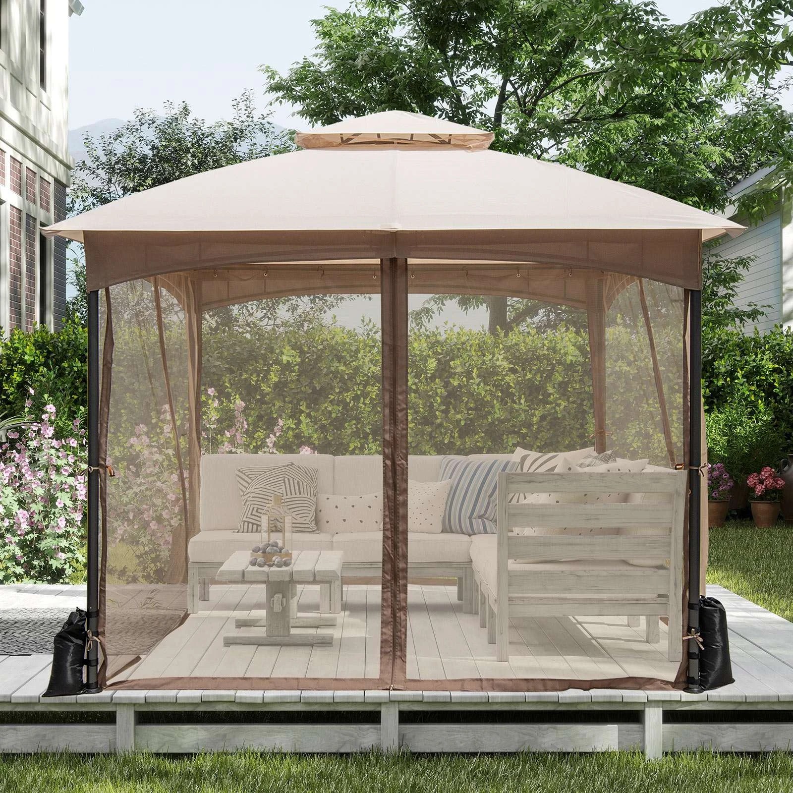 2 Costway 3X3M Patio Gazebo Shelter Soft Top Outdoor Double Roof Marquee Canopy Tent - Brown, 2 of 2