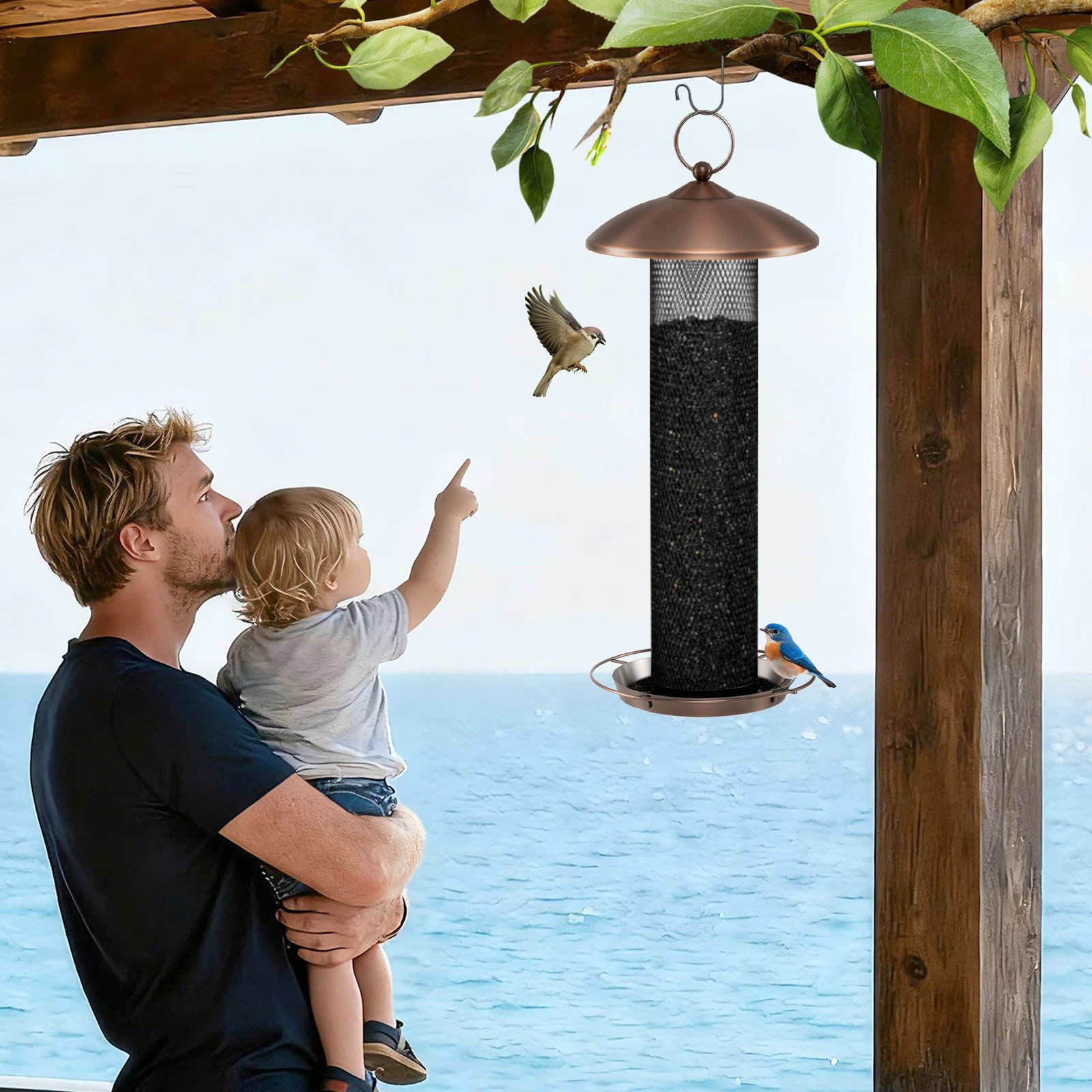 5 Costway All Metal Mesh Tube Bird Feeder w/Weatherproof Roof & Seed Tray, 5 of 6