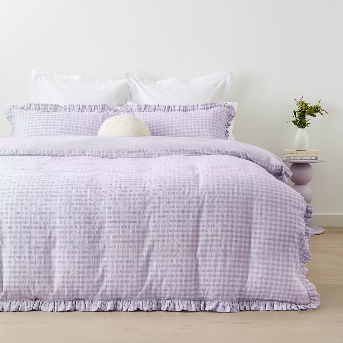 1 Gingham Ruffle Cotton Quilt Cover Set - Queen Bed, Lilac, 1 of 6