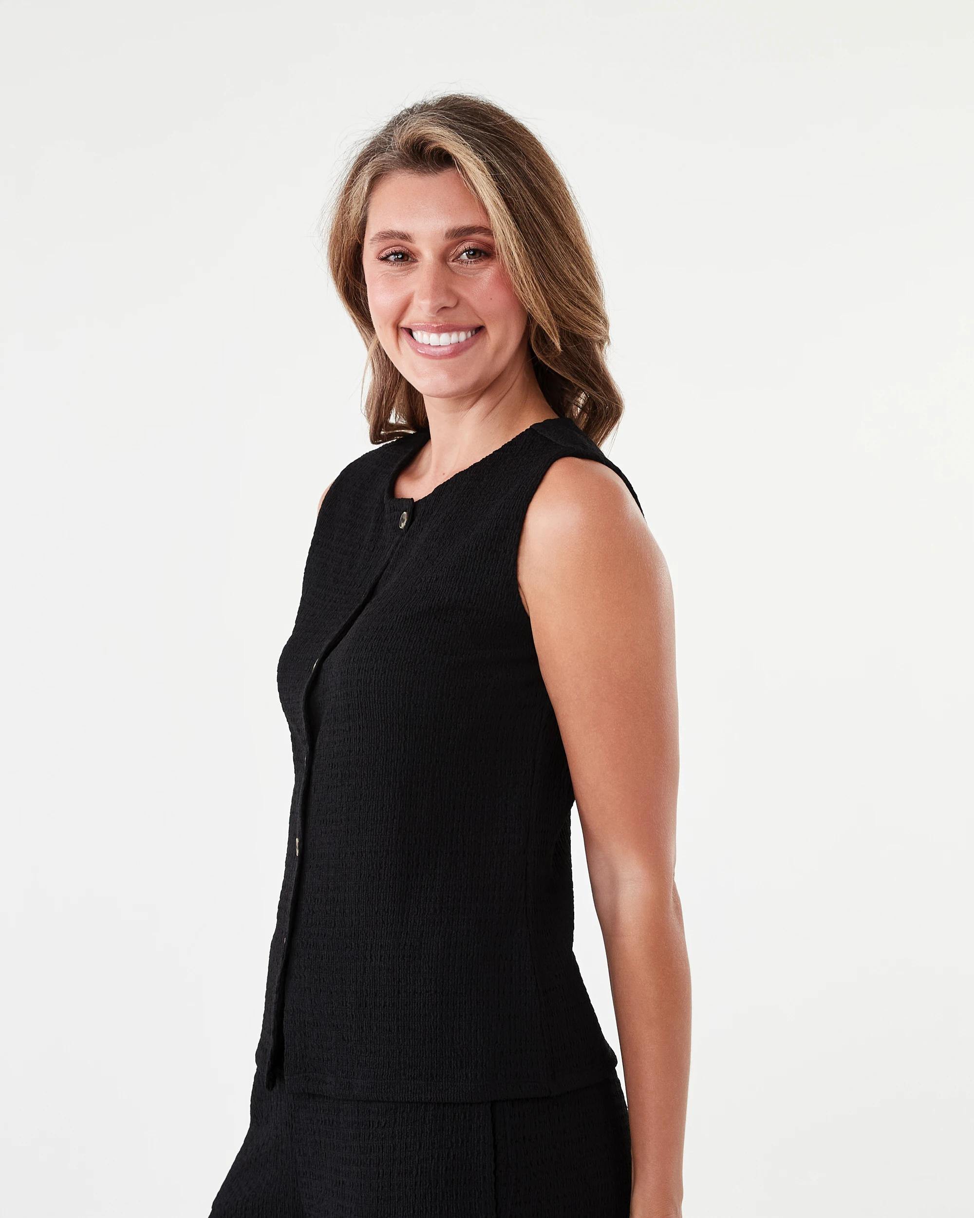 2 Sleeveless Textured Button Through Top Black, 2 of 7