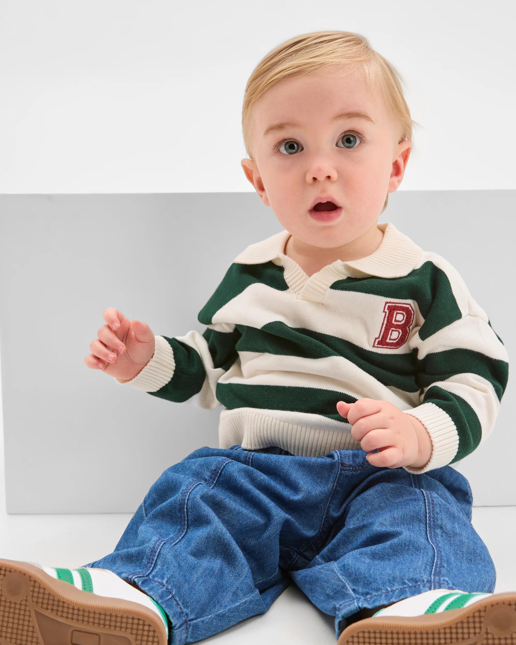 1 Target Baby Baby Organic Cotton Knit Polo Top & Denim Pants Set PINE GROVE STRIPE, 1 of 7