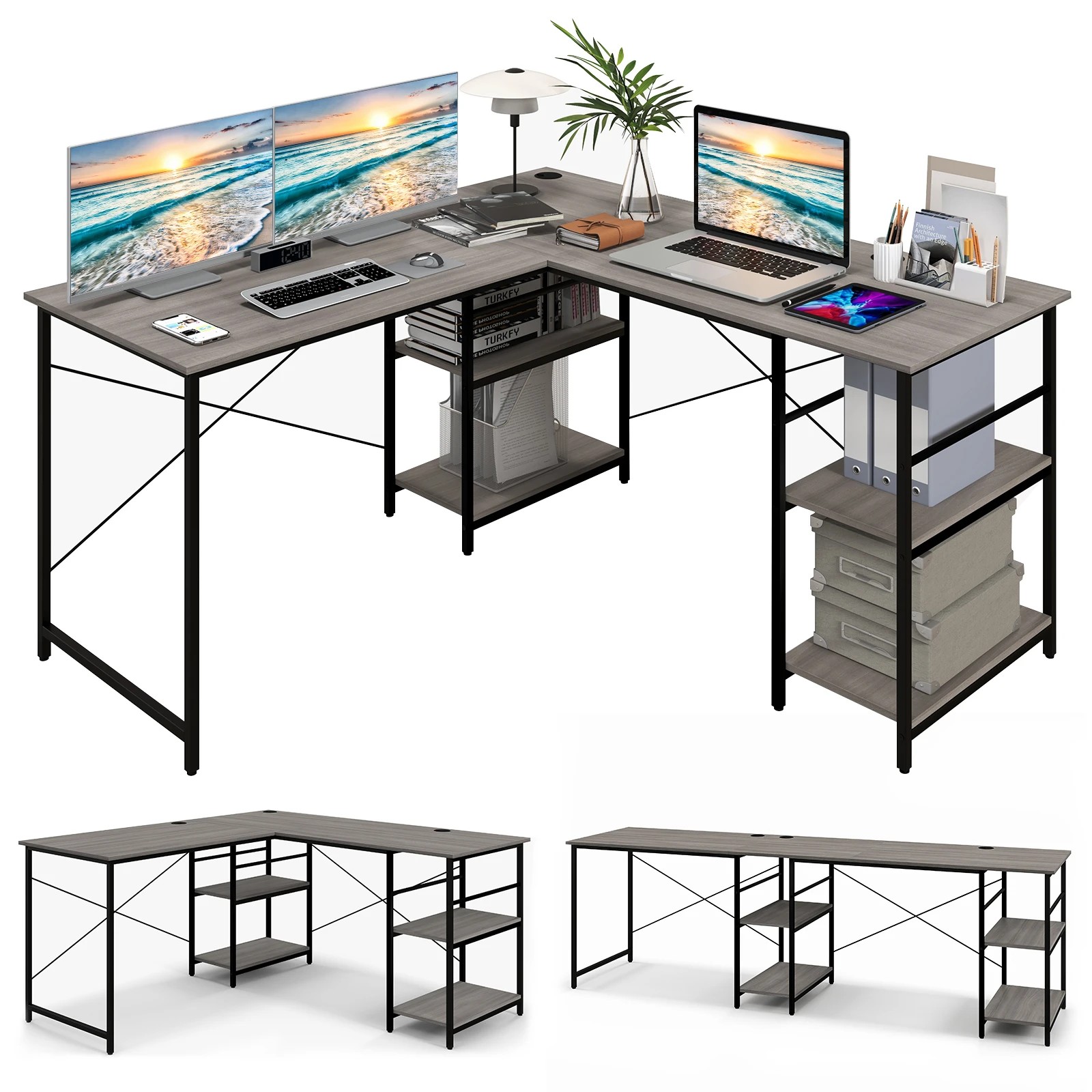 2 Costway L-shaped Computer Desk 2-Person Convertible Corner Desk w/Storage Shelves, 2 of 4