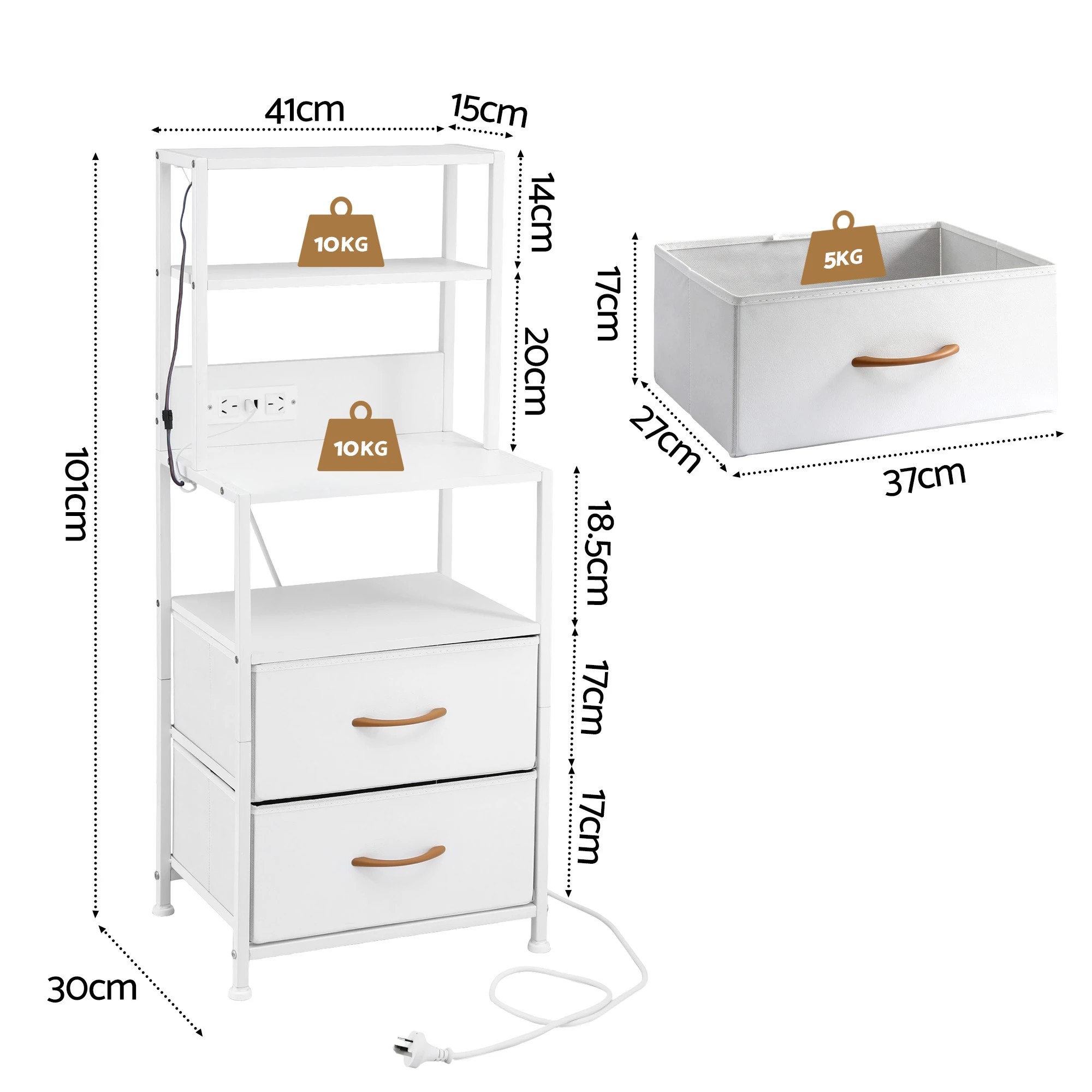 3 Artiss Bedside Table Tall Nightstand with Charging Station Drawers LED - White, 3 of 9