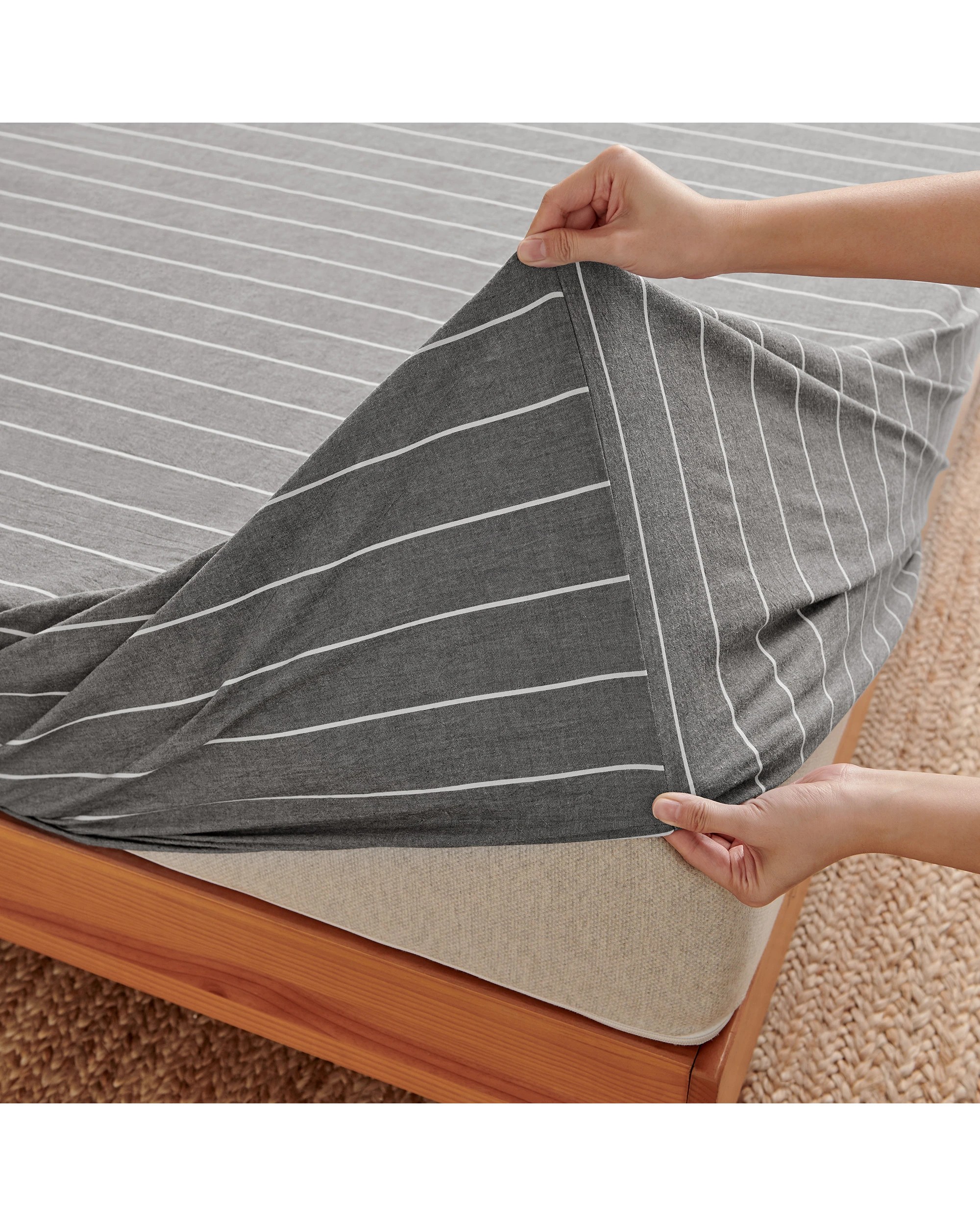 3 Dreamaker Rumi Stripe Washed Cotton Fitted Sheet Set - Single Bed - Graphite with White, 3 of 6