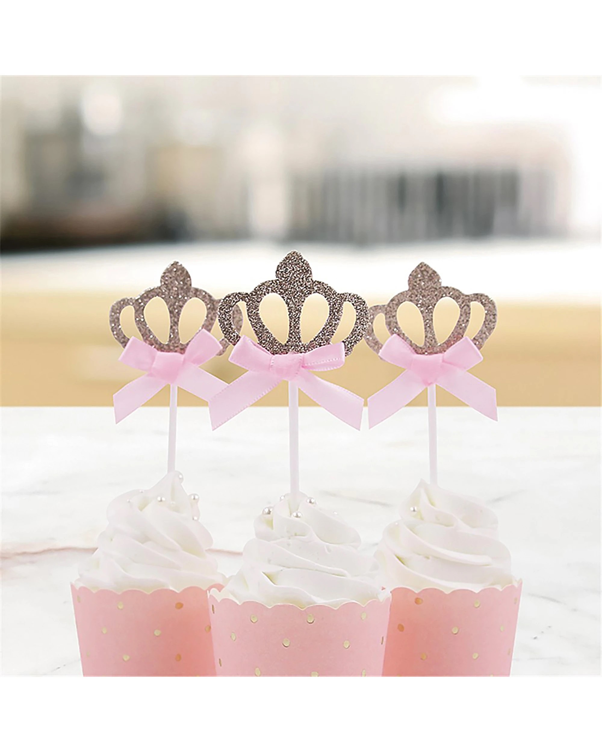 2 Shmick Champagne Glitter Crown Cupcake Picks Pack of 6 - Pink, 2 of 3