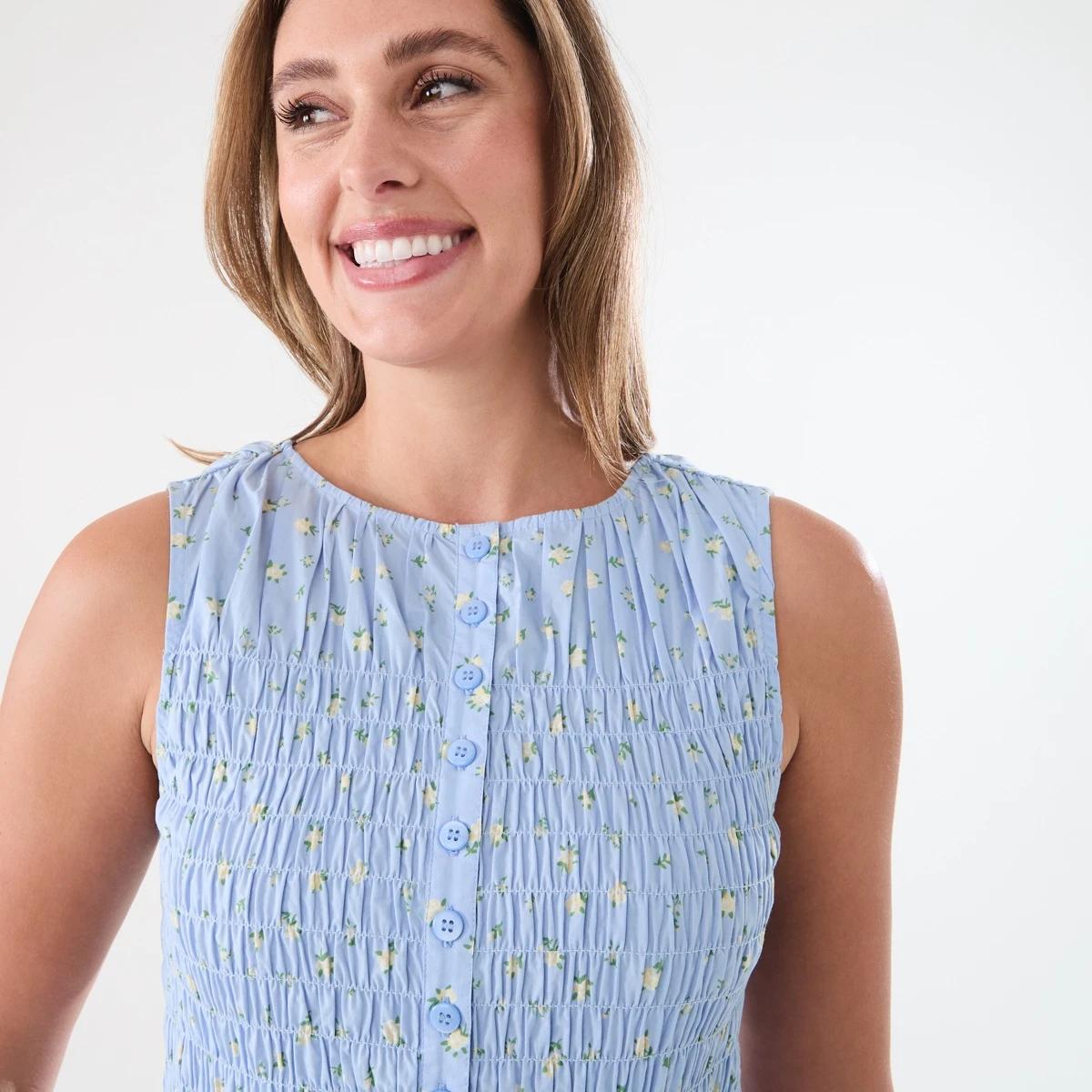 4 Sleeveless Shirred Button Through Top Blue Ditsy, 4 of 5