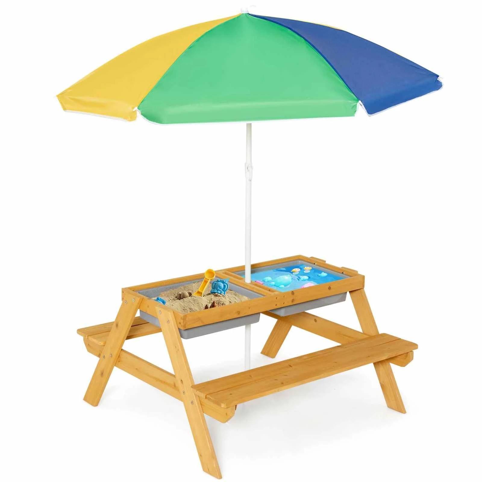1 Costway 3-in-1 Picnic Table Chairs Set w/Umbrella & Bench - Multi, 1 of 1