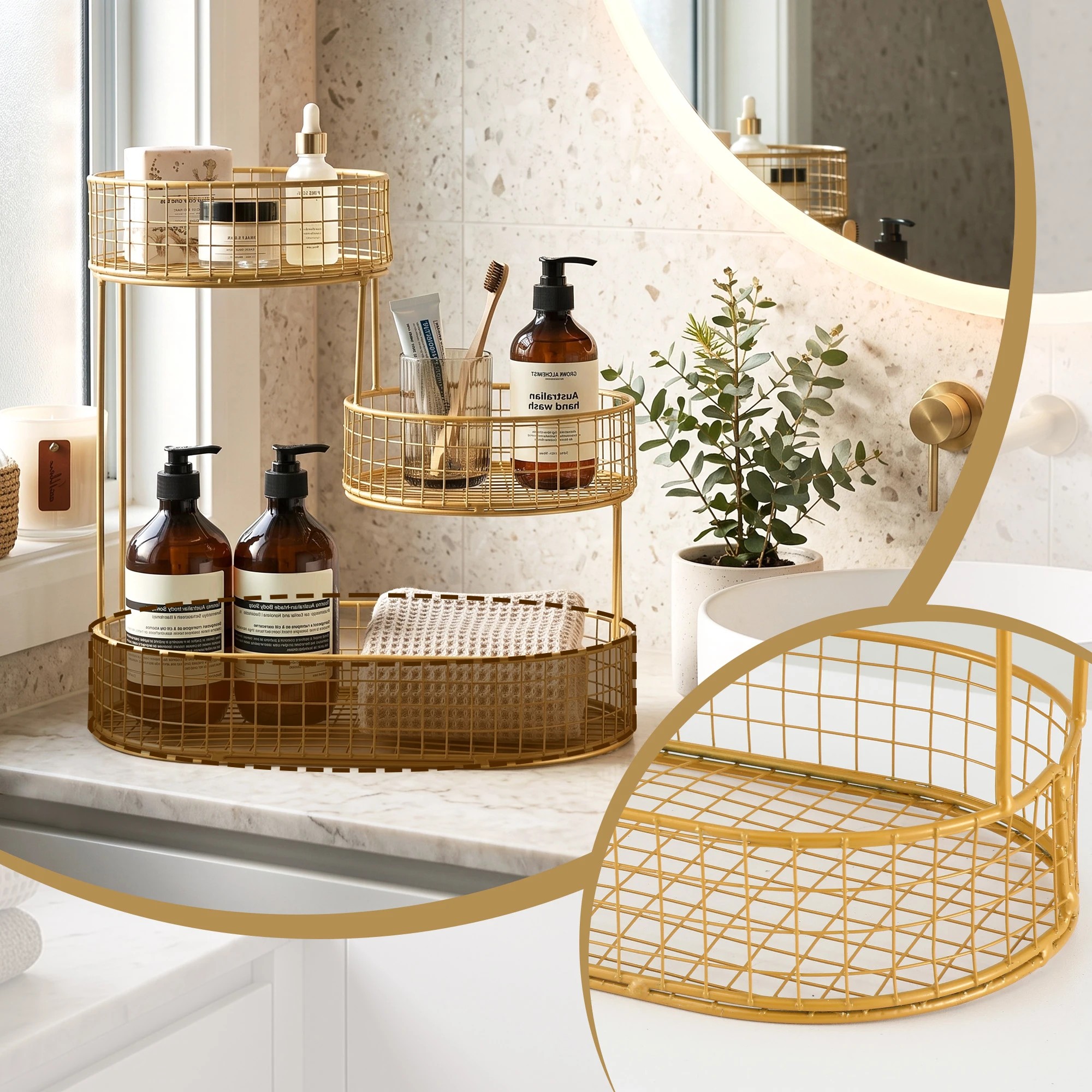 6 5-Star Chef 3 Tier Fruit Basket Bowl Space Saving Kitchen Food Storage Organiser Golden - Gold, 6 of 7