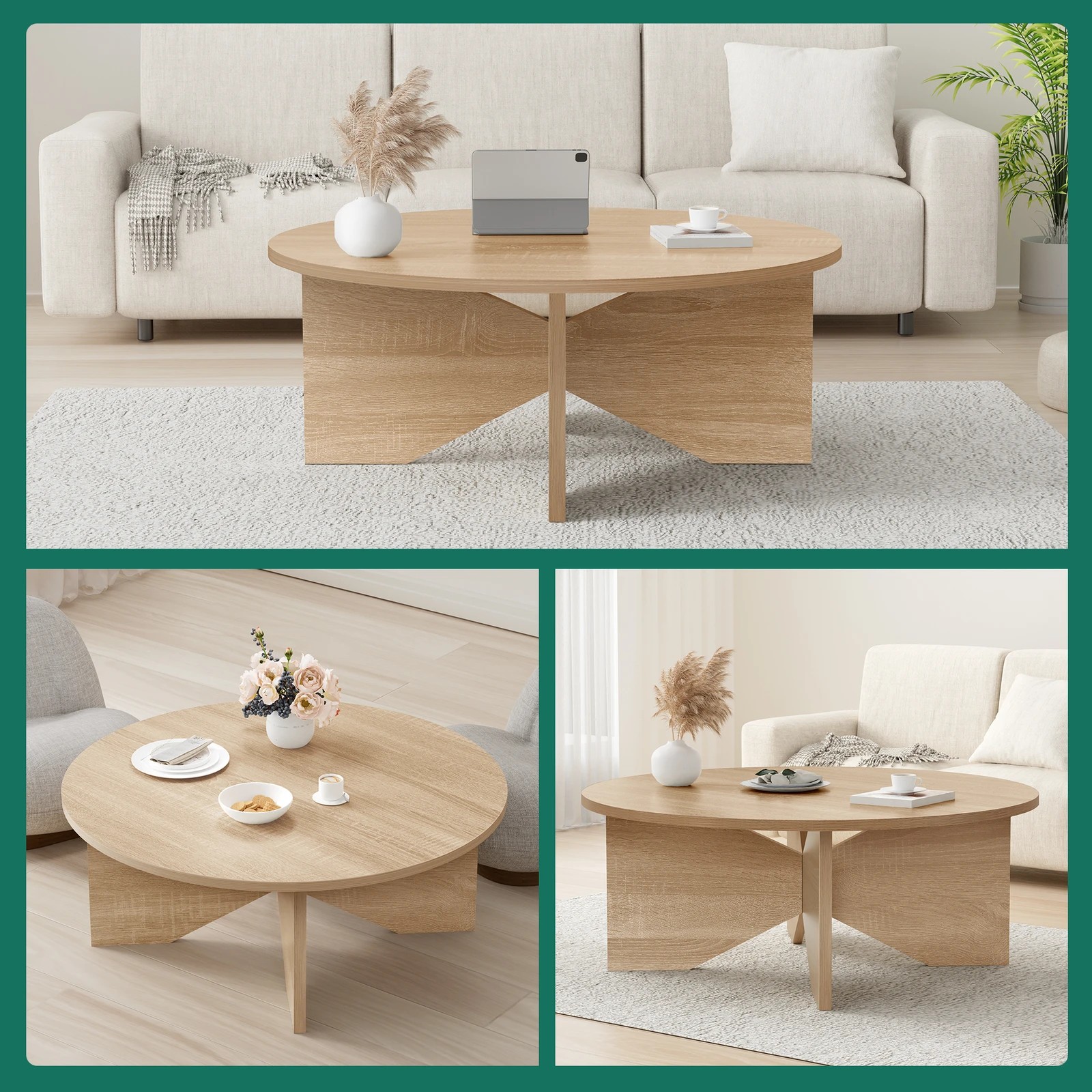 6 Alfordson Coffee Table Modern Round Table X-shape Wooden Legs Living Room - Oak, 6 of 10