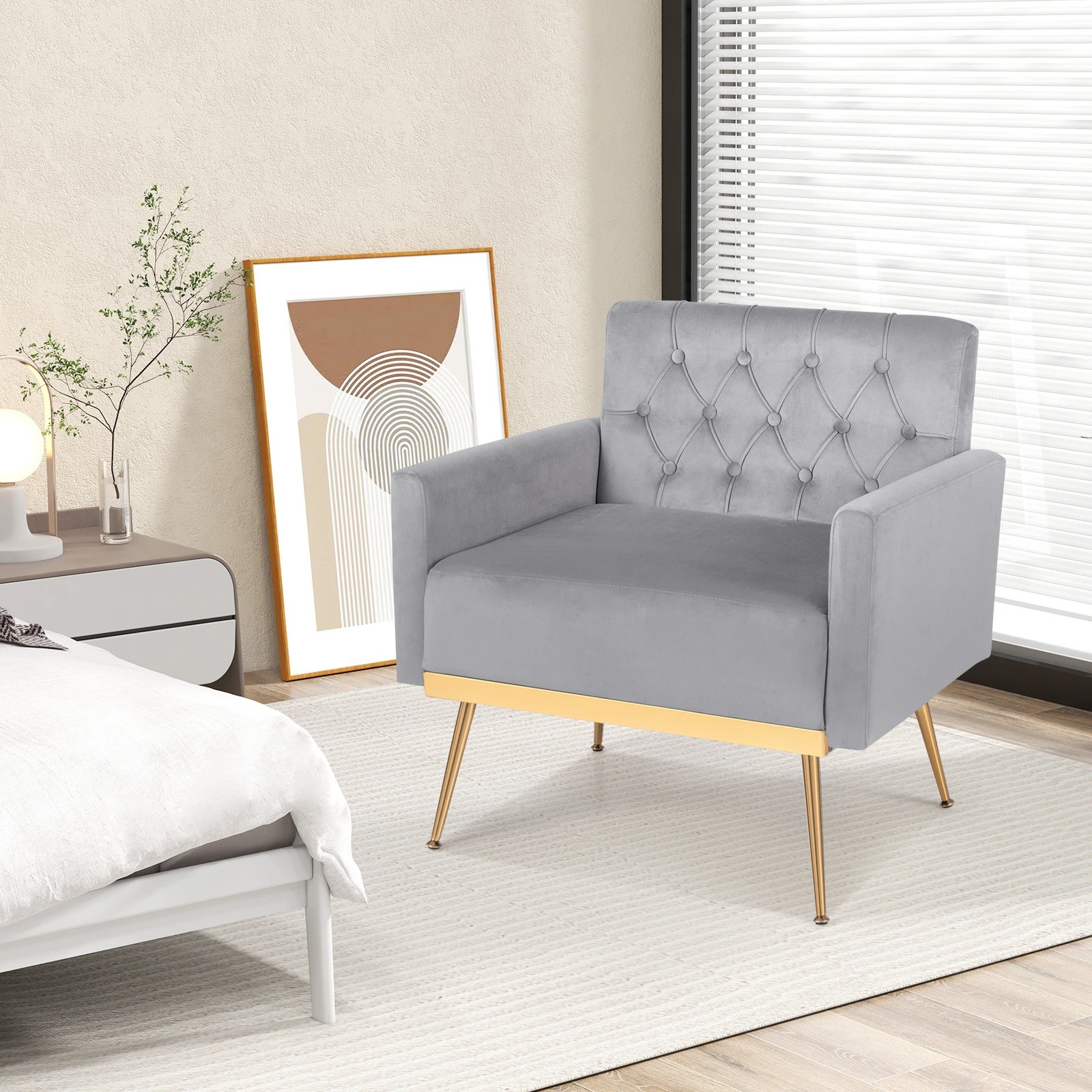 3 Costway Modern Accent Armchair Velvet Sofa Chair w/Button Tufted Back & Golden Metal Legs - Grey, 3 of 5