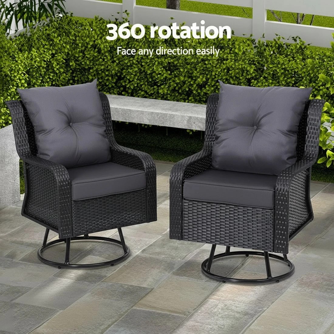 4 Gardeon 3PC Outdoor Furniture Bistro Set Lounge Wicker Swivel Chairs Table Cushion - Black, 4 of 5