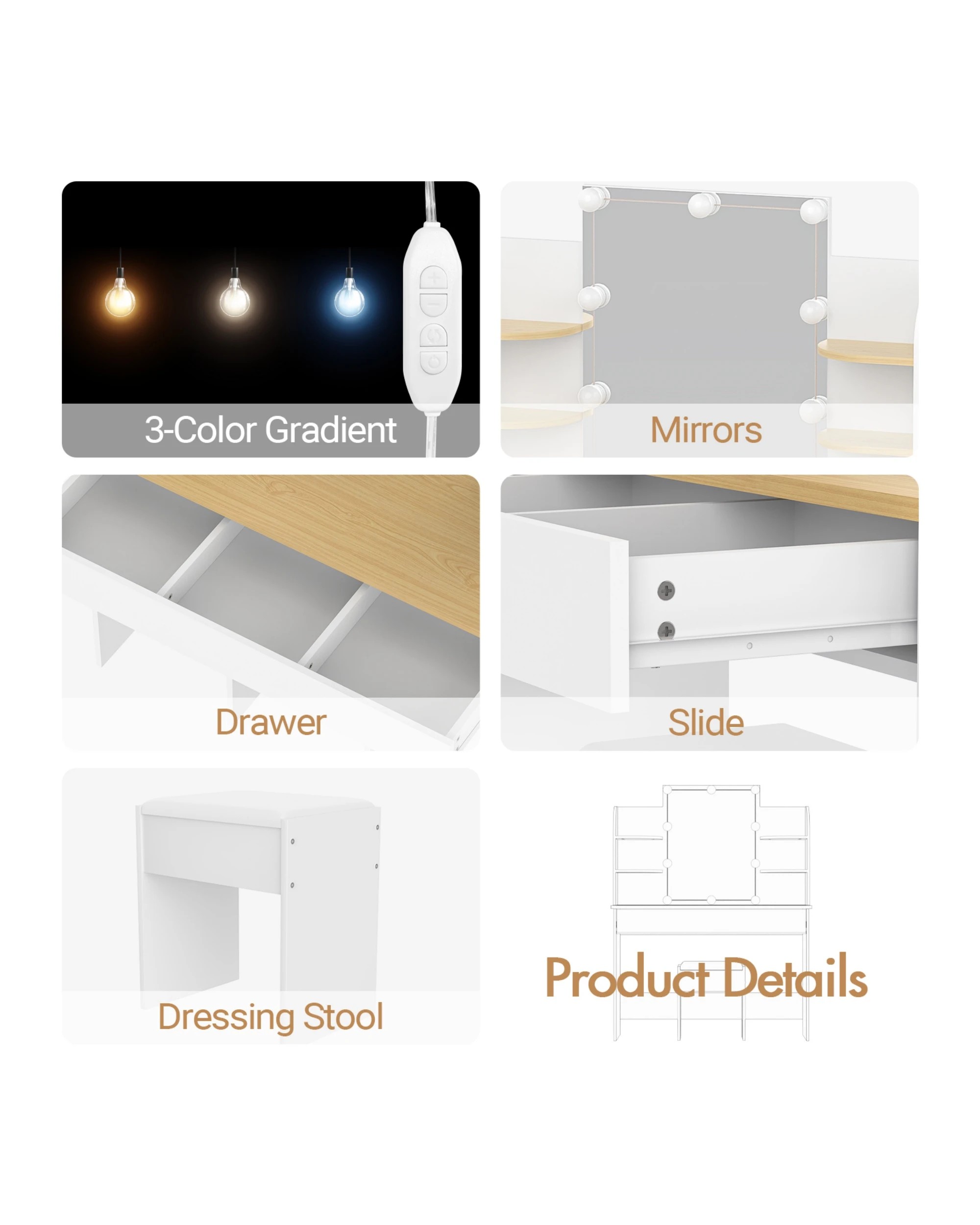 8 Advwin Dressing Table Stool Led Bulbs Makeup Mirror Vanity Desk With Open Shelves And Drawers Dresser - White, 8 of 10