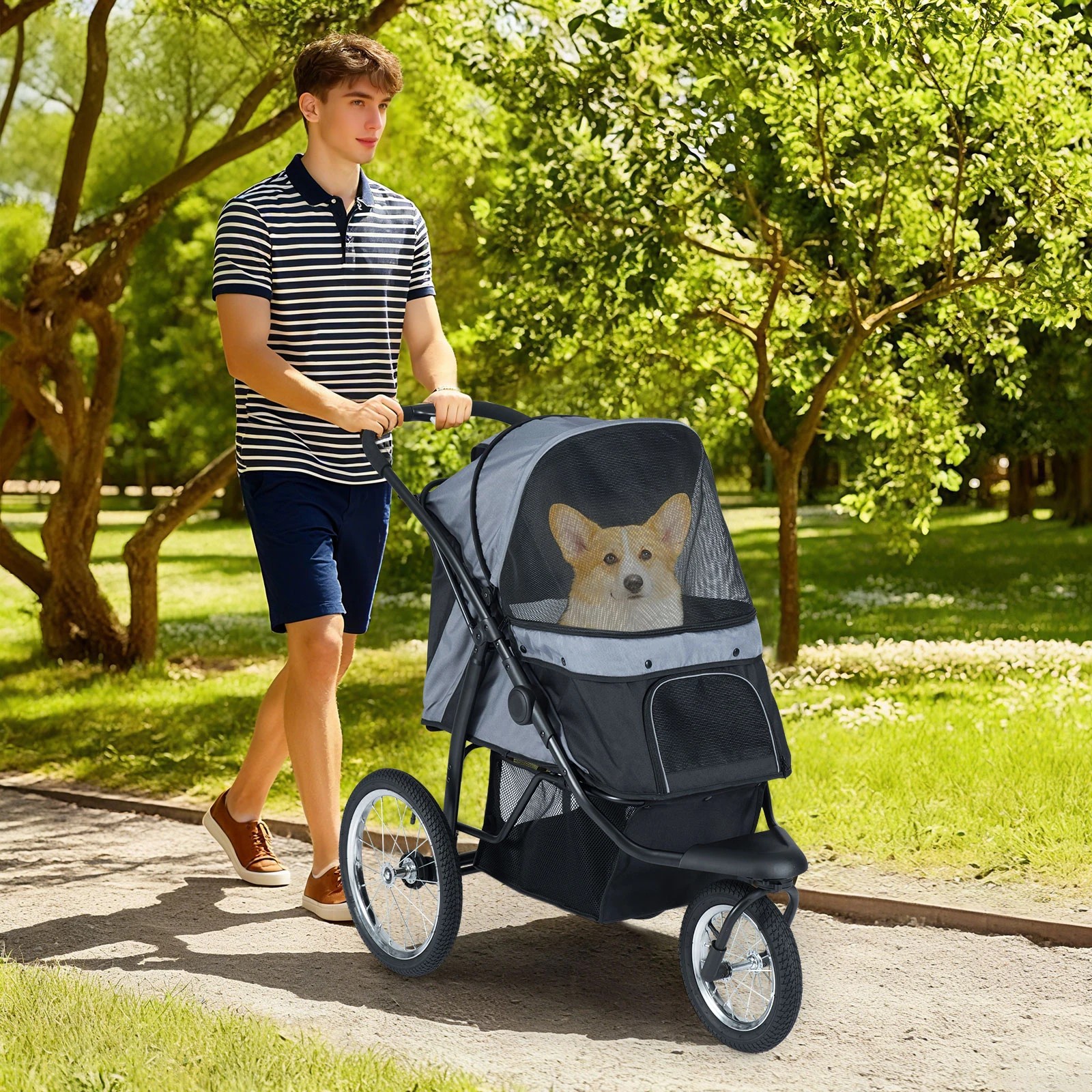 3 Costway 3-Wheels Pet Stroller Jogger Foldable Cat Dog Travel Cart w/Storage Basket, 3 of 5