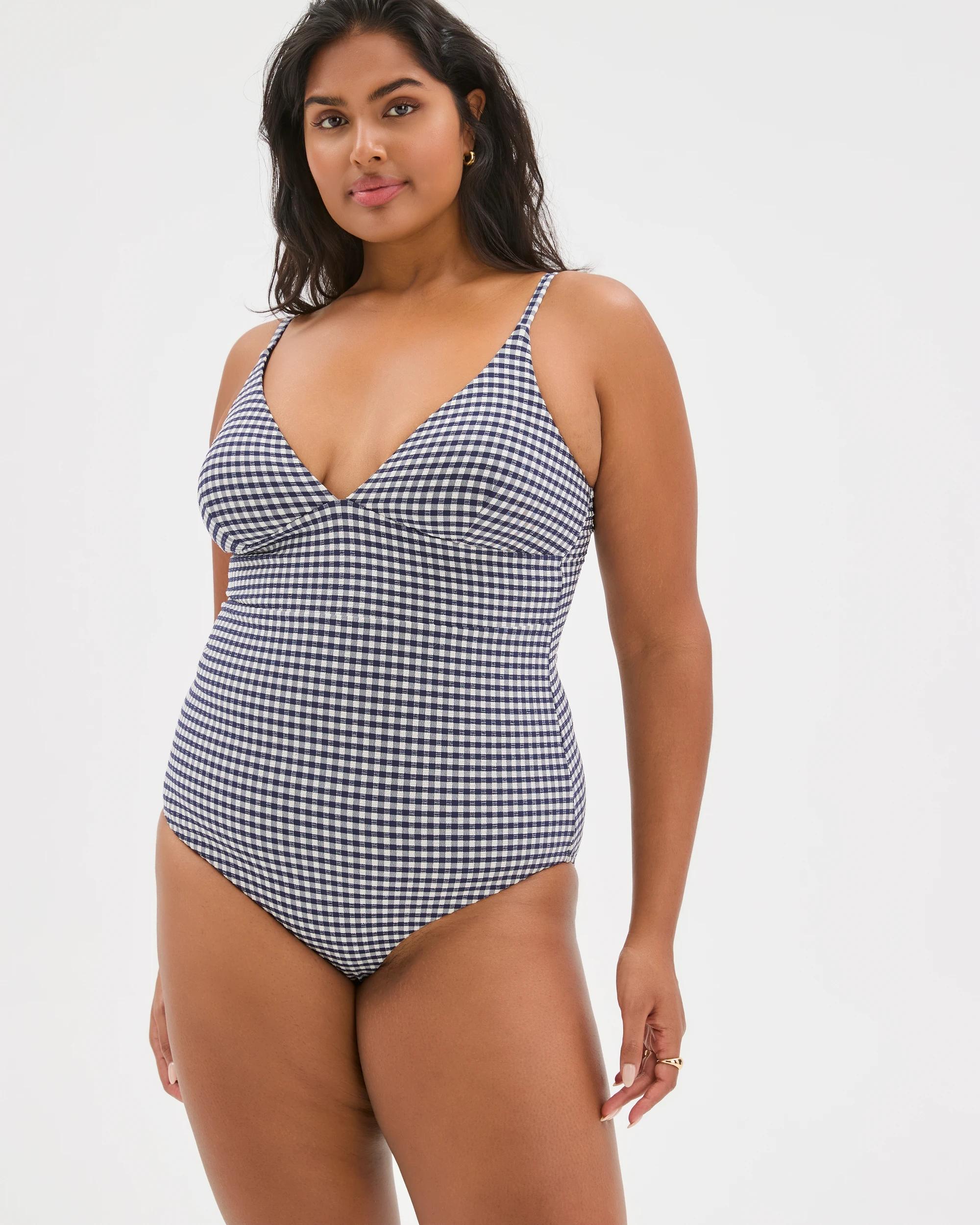 8 Target Woman Shape Your Body V-Front Seersucker One Piece Swimsuit NAVY/WHITE GINGHAM, 8 of 9