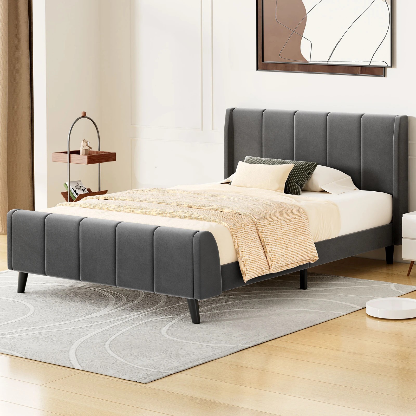 2 Alfordson Bed Frame King Single Tufted Headboard Base Velvet Hundolf - Grey, 2 of 10